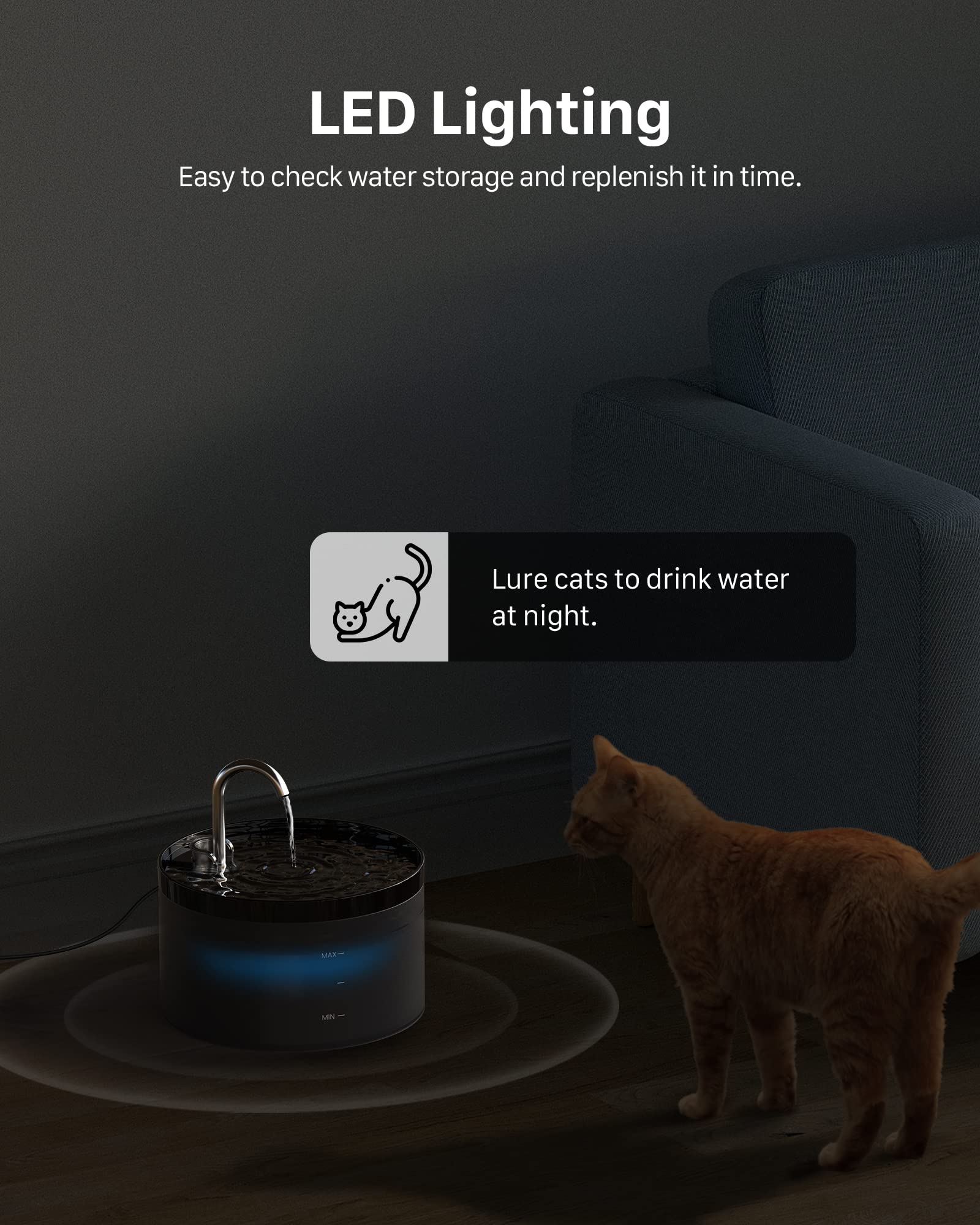 GIOTOHUN Katzenbrunnen Trinkbrunnen für Katze: 2L Katzenbrunnen für Katzen - Katzen Trinkbrunnen Super Silent - Eingebautes LED Licht - Aktivkohlefilter - Durchsichtiger Wassertank - Schwarz