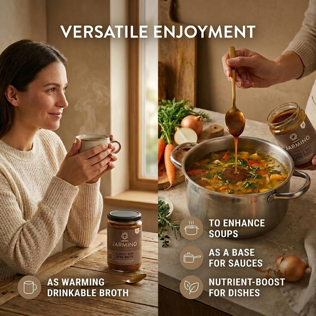 JARMINO Bio Rinderknochenbrühe Konzentrat, Grasgefütterte Brühe für Menschen, Flüssige Knochenbrühe mit Kollagenprotein, Keto, Paleo & AIP geeignet, Rinderbrühe, 440 g, 44 Portionen