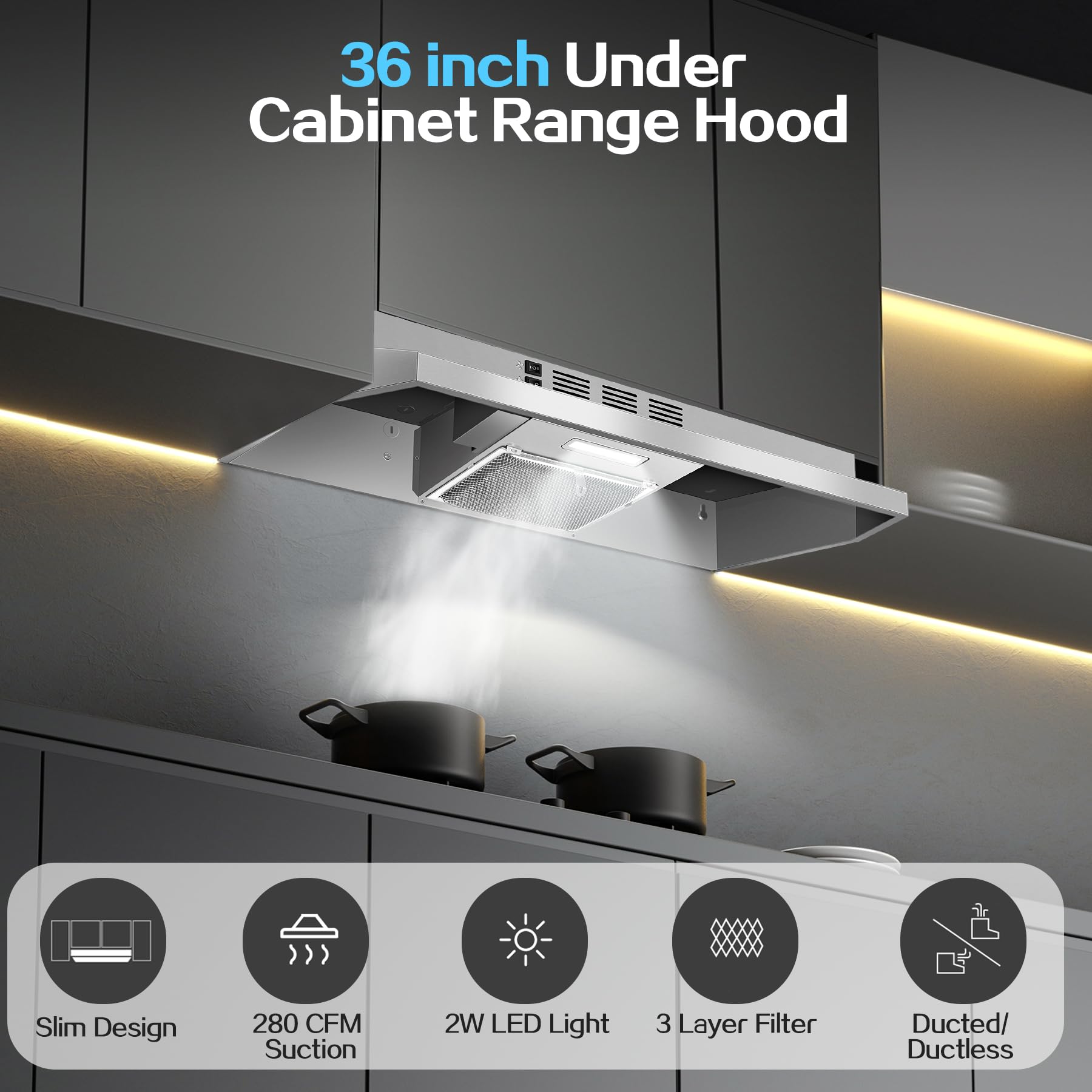 Range Hood 30 inch Under Cabinet, Stainless Steel Kitchen Vent Hood 280CFM, Built-in Kitchen Stove Hood w/Rocker Button Control, Ducted/Ductless Convertible Duct, 2 Speeds Fan, Bright LED Light