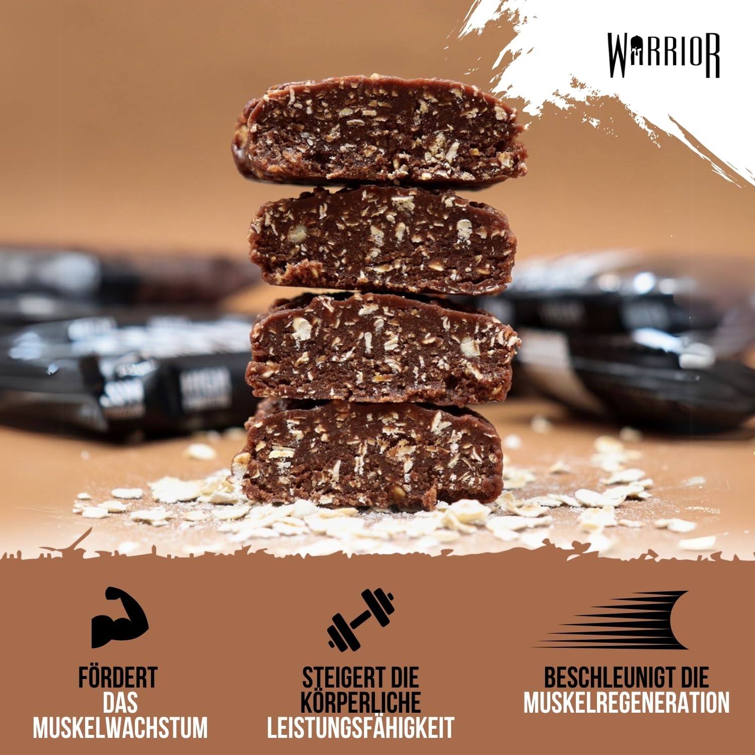 Warrior Raw Proteinriegel 12 x 75 g – Ballaststoffreicher Haferriegel mit Protein, High Protein Snack ohne Zucker, Natürlicher Haferflocken Riegel mit Präbiotika – Schoko-Brownie