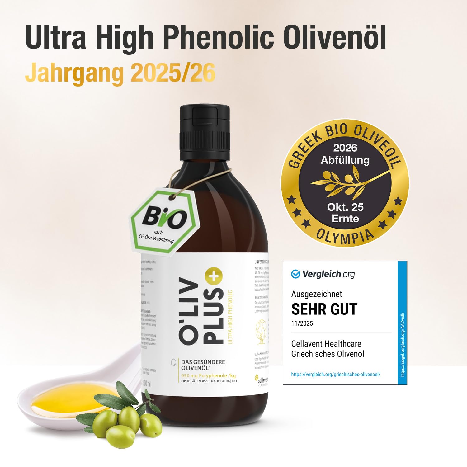 Das Olivenöl mit Gesundheitswert – extra hoher Polyphenol-Gehalt 950 mg/kg – Bio-Qualität – nur 1 Esslöffel/Tag – Oliv PLUS – 500 ml – 50 Portionen