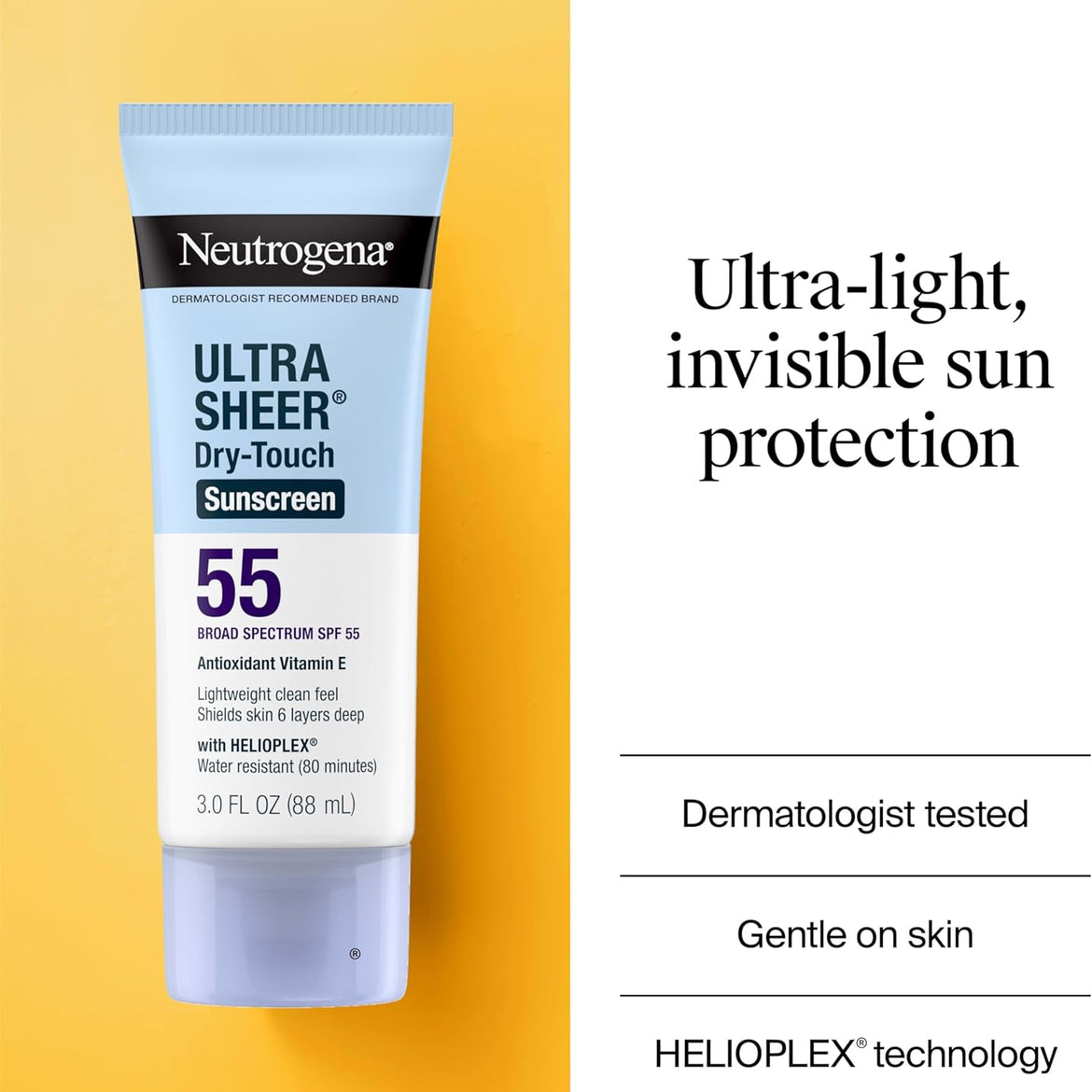 Neutrogena Ultra Sheer Dry-Touch Sunscreen Lotion, Broad Spectrum SPF 55 UVA/UVB Protection, Oxybenzone-Free, Light, Water Resistant, Non-Comedogenic & Non-Greasy, Travel Size, 3 fl. oz