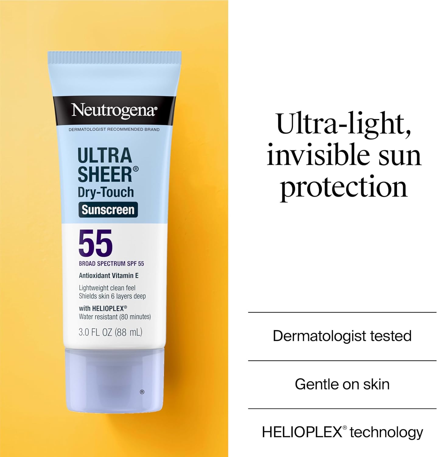 Neutrogena Ultra Sheer Dry-Touch Sunscreen Lotion, Broad Spectrum SPF 55 UVA/UVB Protection, Oxybenzone-Free, Light, Water Resistant, Non-Comedogenic & Non-Greasy, Travel Size, 3 fl. oz