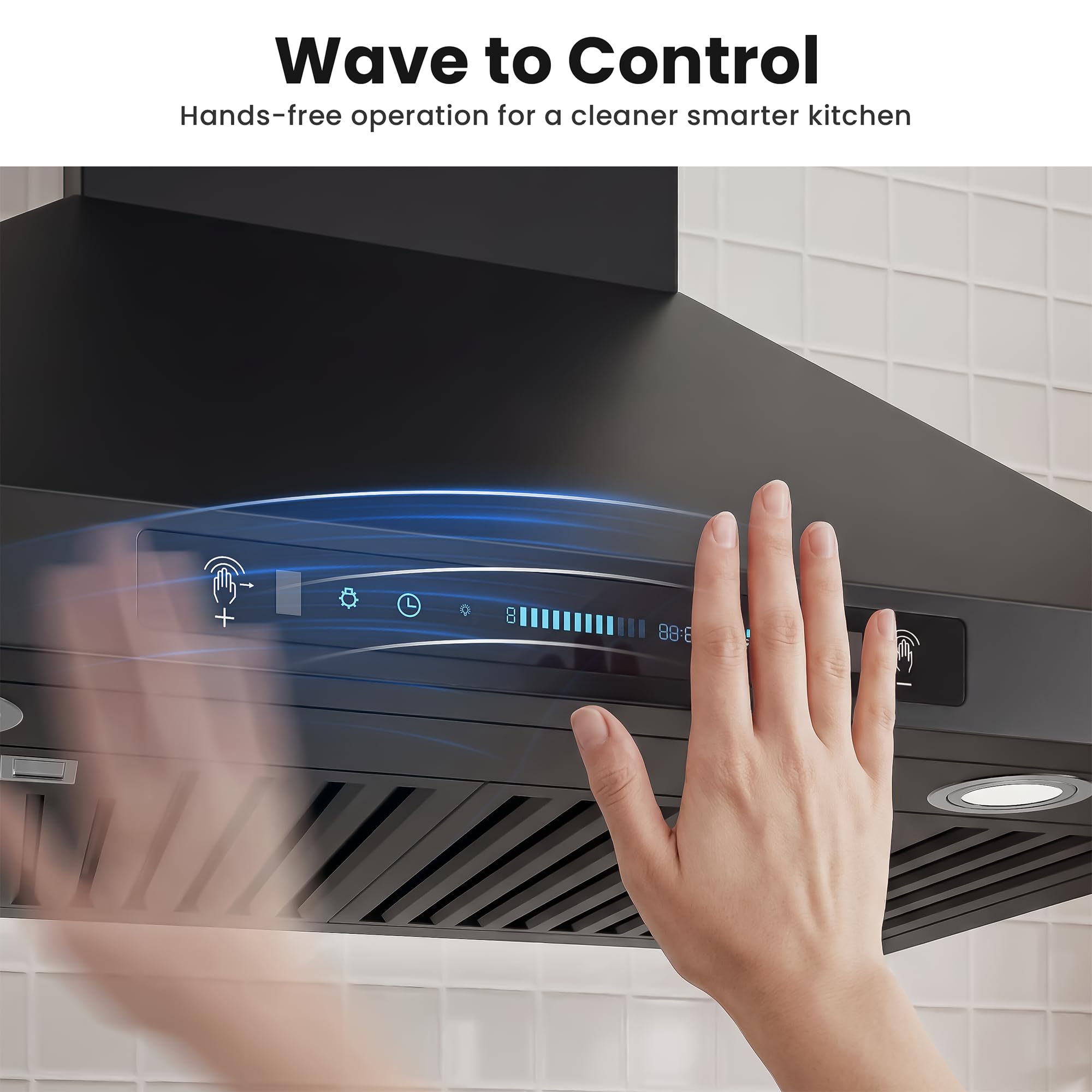 IKTCH 30-inch Wall Mount Range Hood 900 CFM Ducted/Ductless Convertible, Kitchen Chimney Vent Stainless Steel with Gesture Sensing & Touch Control Switch Panel, 2 Pcs Adjustable Lights(IKP02-30'')