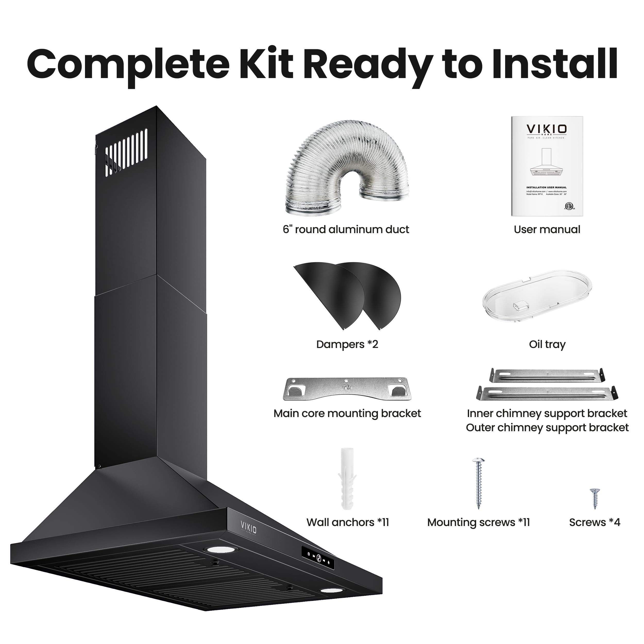 VIKIO HOME Wall Mount Range Hood 30 inch, 580 CFM, Ducted/Ductless Convertible, Stainless Steel Kitchen Vent Hood with 3-Speed Fan and LED Lights