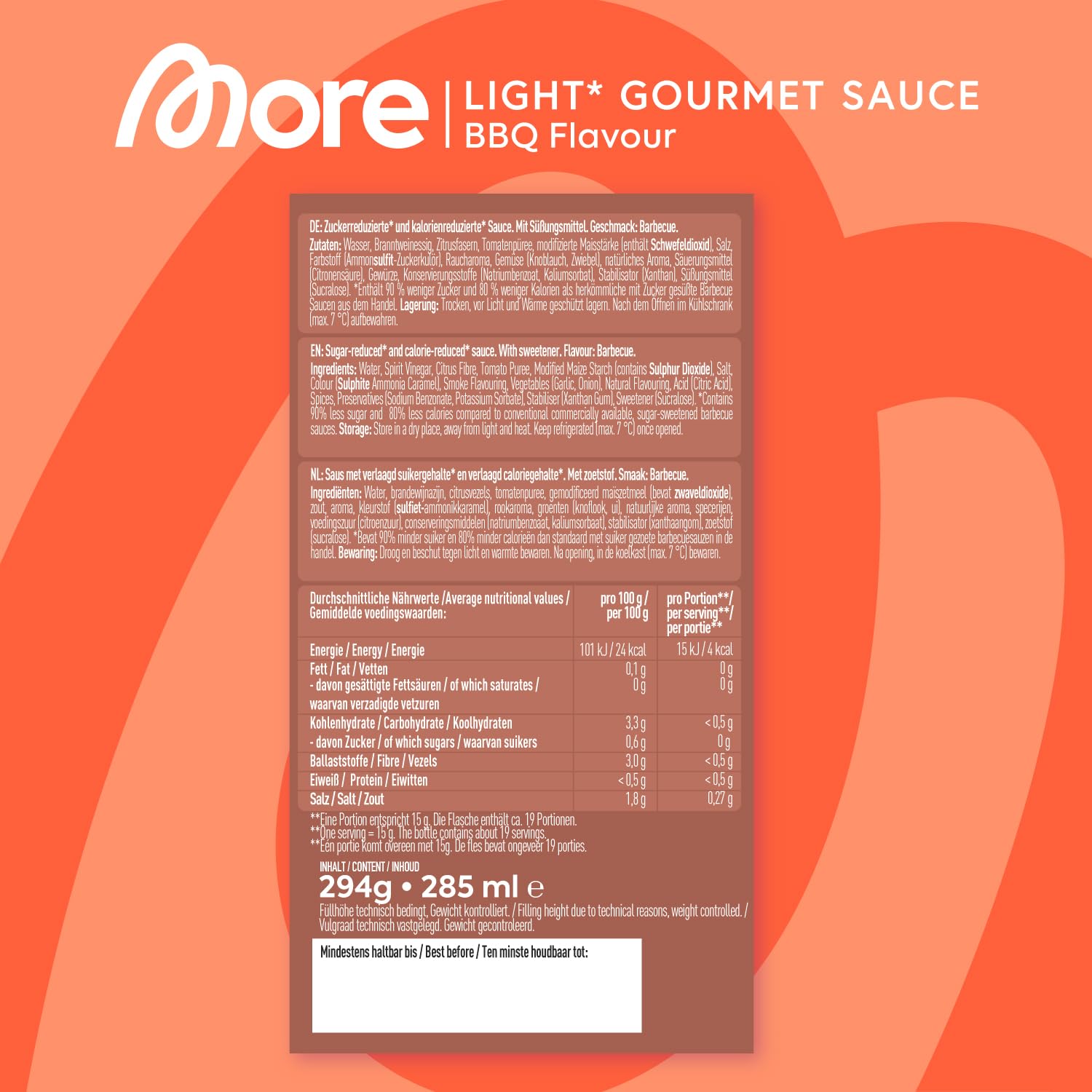 MORE NUTRITION Light Gourmet Sauce, 285ml - BBQ, kalorienreduzierte Sauce, ohne Zuckerzusatz und unnötigem Fett