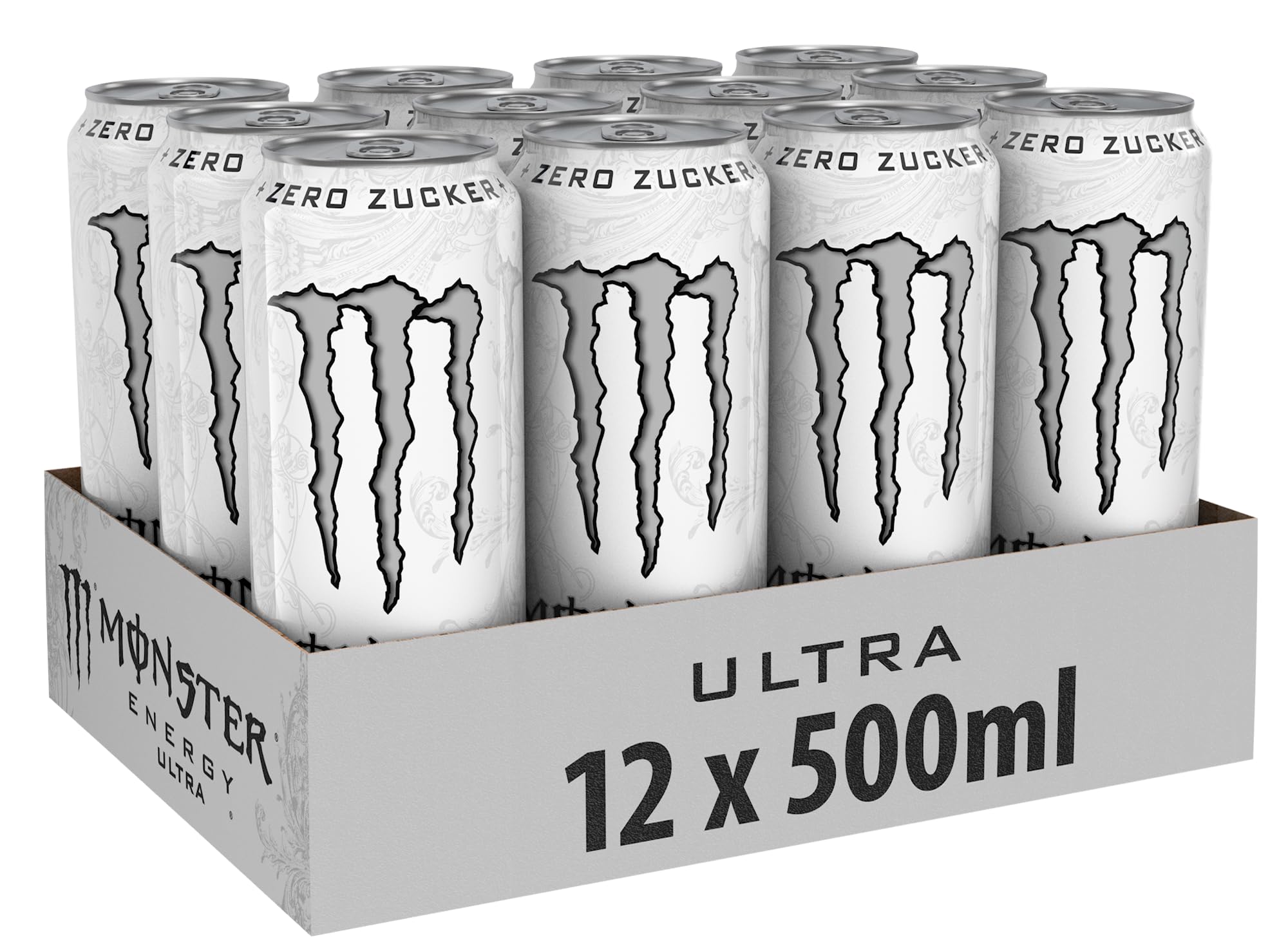 Monster Energy Ultra White - koffeinhaltiger Energy Drink mit sanftem Zitrus-Geschmack - ohne Zucker und ohne Kalorien - in praktischen Einweg Dosen (12 x 500 ml)