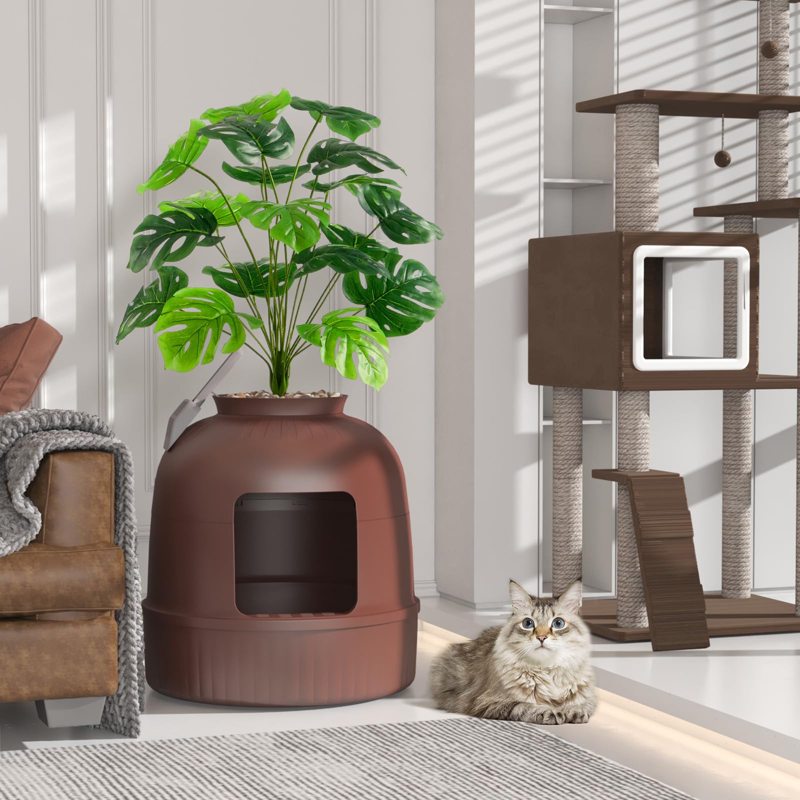 Lifewit Katzenklo Blumentopf mit Pflanze & Schaufel, Katzenklo Versteckt, Katzentoilette XXL mit Geruchskontrolle & Kohlefilter, Wohnzimmer, Schlafzimmer, Ecke, Weiß