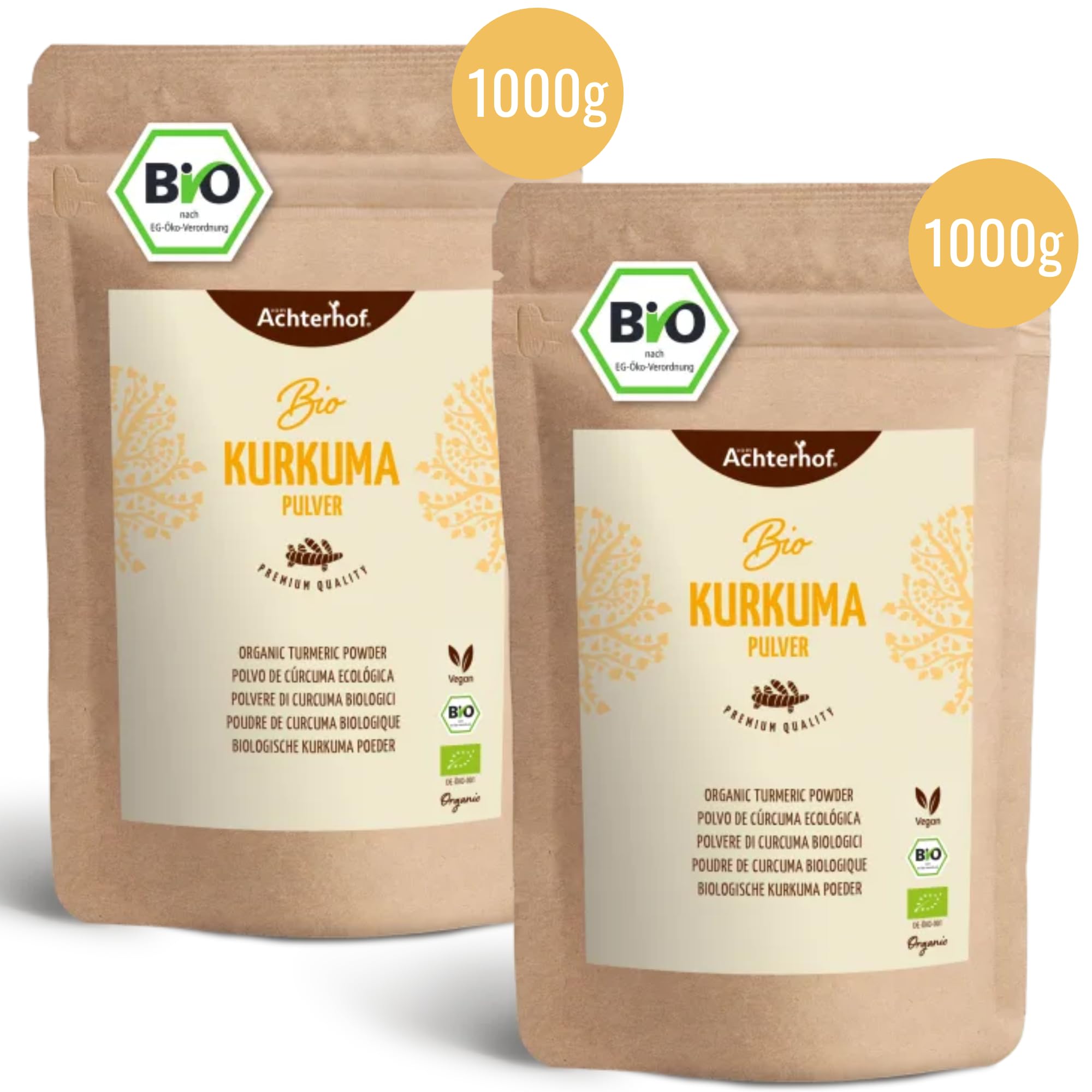 Kurkuma Pulver 1000g | fein gemahlene Kurkumawurzel in Bio-Qualität | Ideal zur Zubereitung einer Goldenen Milch, als Zugabe in Tee, asiatischen Gerichten, würzigen Suppen & Co | vom Achterhof