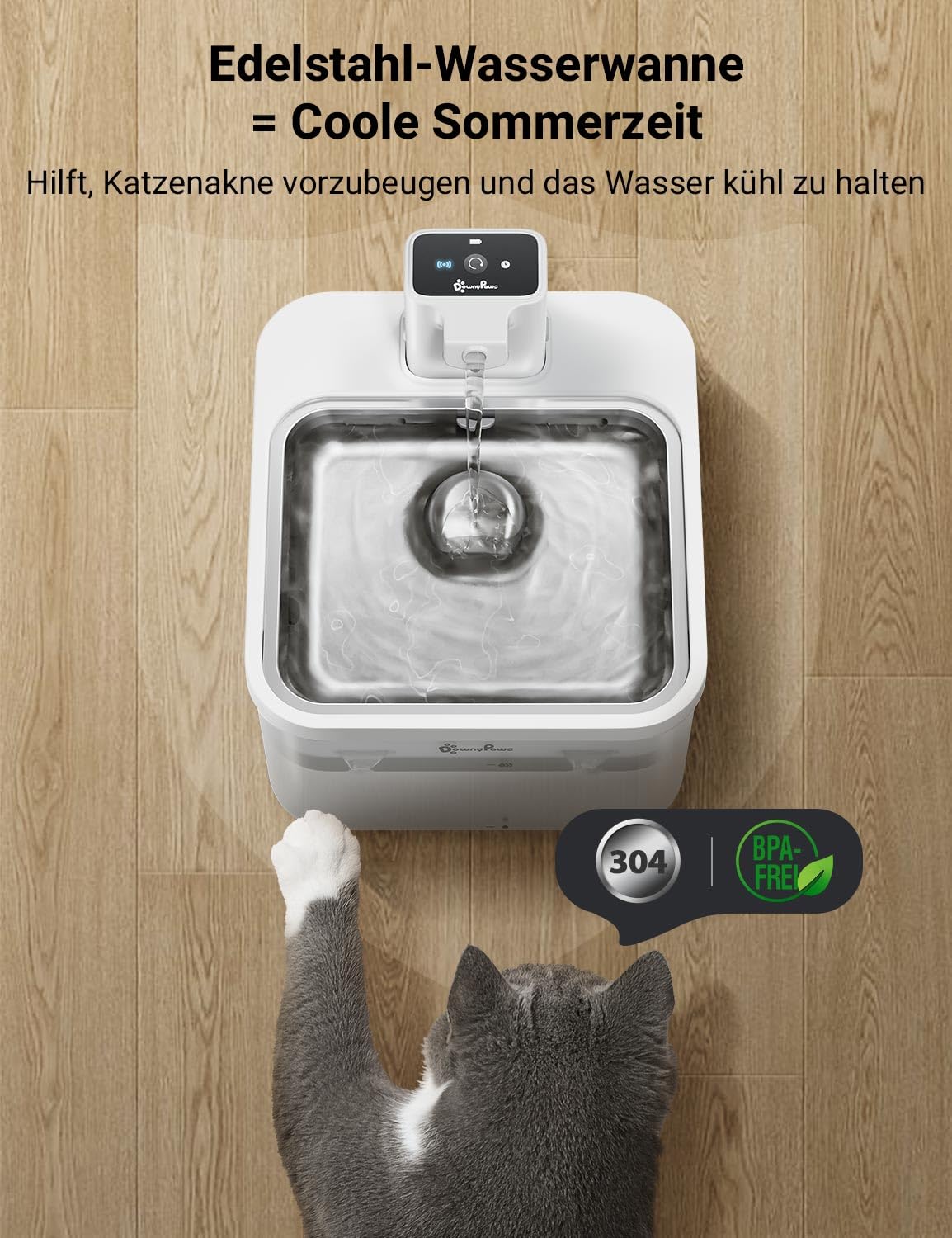 DownyPaws 2.5L Trinkbrunnen für Katze Kabellos, Katzenbrunnen Kabellos mit Bewegungsmelder, Batteriebetrieben Katzentrinkbrunnen, 4000mAh, Leise Wasserpumpe, Tablett aus Edelstahl für Katze, Schwarz