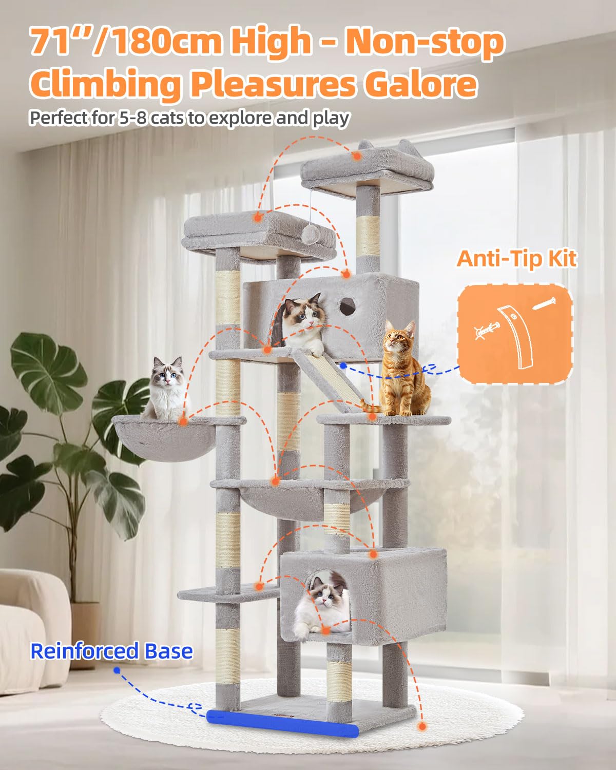 Taoqimiao 180CM Kratzbaum Groß, Katzenbaum Katzen Kratzbaum Grosse Katzen Stabil mit 2 Katzenhaus, Metallhängematte, Korb, 8 Kratzsäulen, Katzenkratztafel, MS026LM Beige