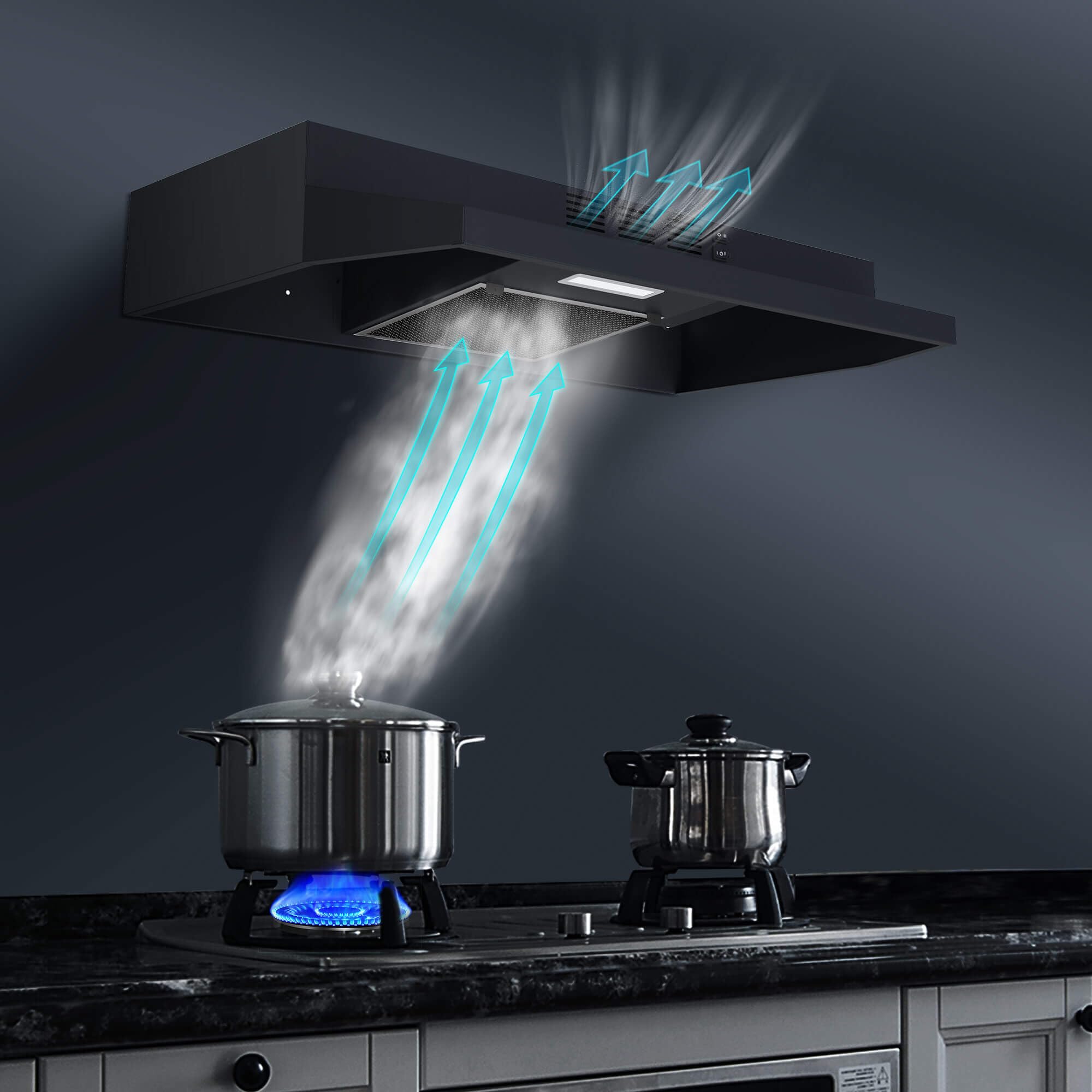 SNDOAS Range Hood 30 inch Under Cabinet, Ducted/Ductless Convertible Kitchen Hood, Stainless Steel Vent Hood with LED Light,Under Cabinet Hood with 2 Speed Exhaust Fan,Black