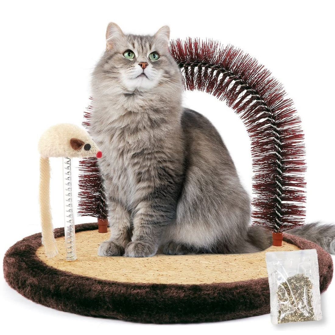 Happi N Pets Kratzpfosten, Große Selbstpflegegerät, Katzen-Selbstmassagegerät, Katzenhaarbürste für die Pflege mit robuster Katzenkratzpad und Katzenminze, interaktive Maus-Spielzeug für Kätzchen