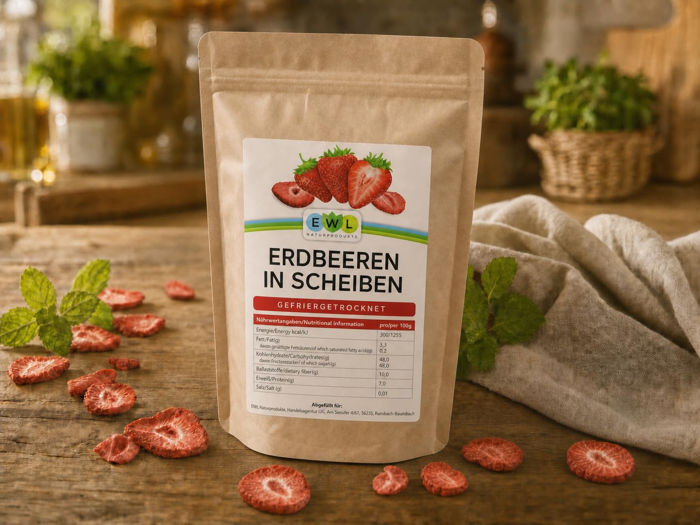 EWL Naturprodukte Erdbeeren gefriergetrocknet 400g, im bruchsicheren Eimer, gefriergetrocknete Erdbeeren in Deutschland abgefüllt, vegan und natürlich lecker