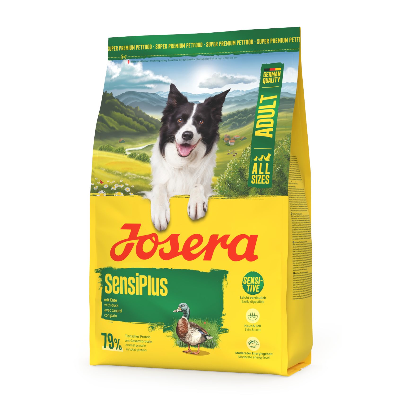 JOSERA Adult SensiPlus Ente & Reis (1 x 12,5 kg) | Premium Trockenfutter für ausgewachsene empfindliche Hunde | mit viel Biotin für gesunde Haut & Fell | hoch verdaulich | glutenfrei | 1er Pack