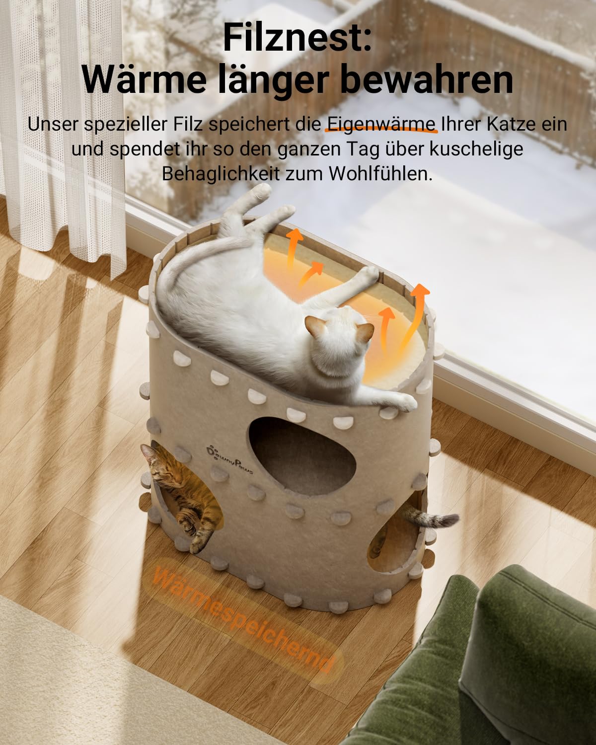 Katzenhöhle Filz, Katzenhaus aus Filz, Katzenbett, Katzenhöhle für Katzen, 58 x 33 x 30cm, Peek-a-Boo zum Spielen, Winterfest, Schutz der Katzennägel, Beige