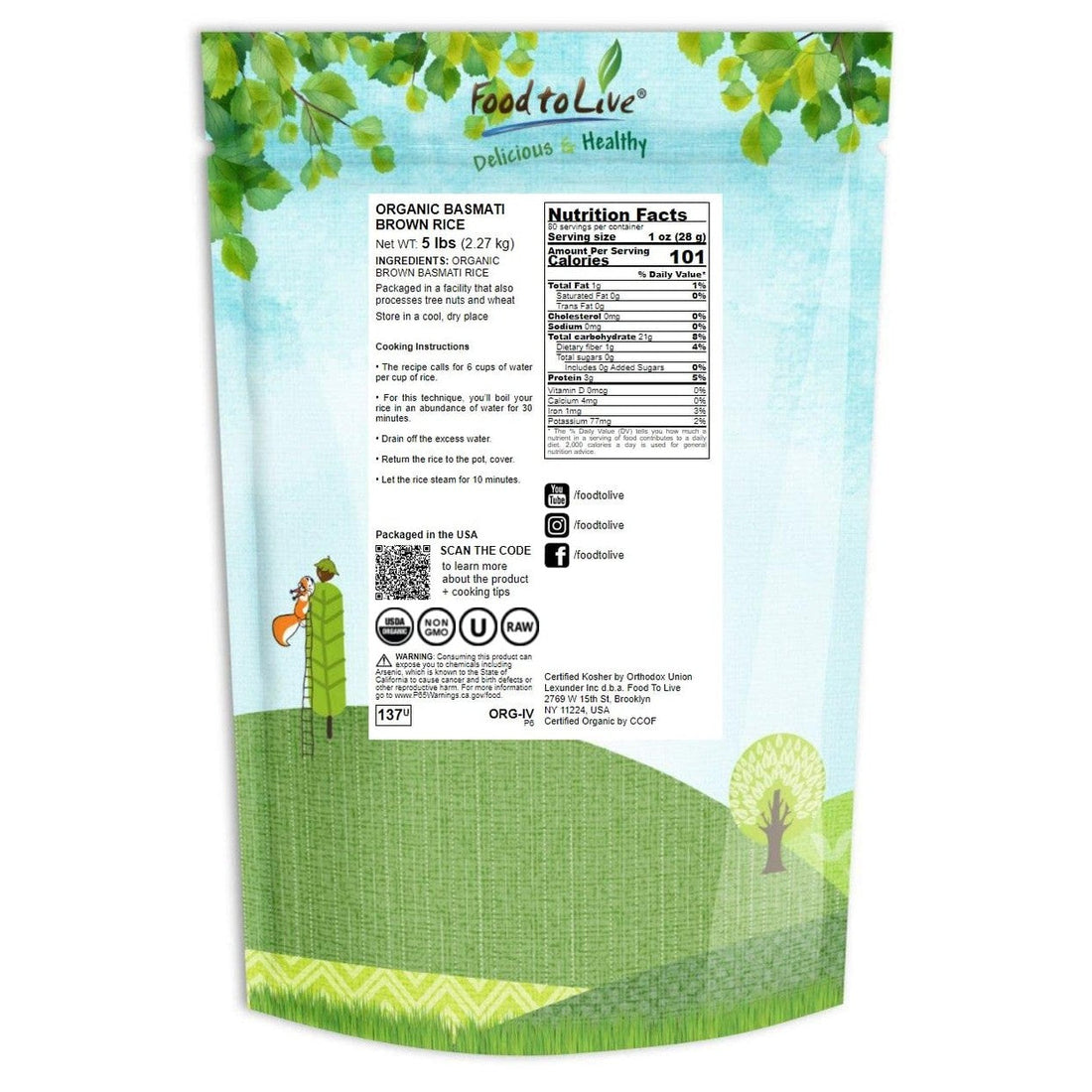 Food to Live Organic Brown Basmati Rice, 5 Pounds Non-GMO, Whole Long-Grain Rice Variety, Fragrant, Kosher, Vegan, Bulk. Less Starch Content. High in Dietary Fiber. Great for Making Stir-Fries