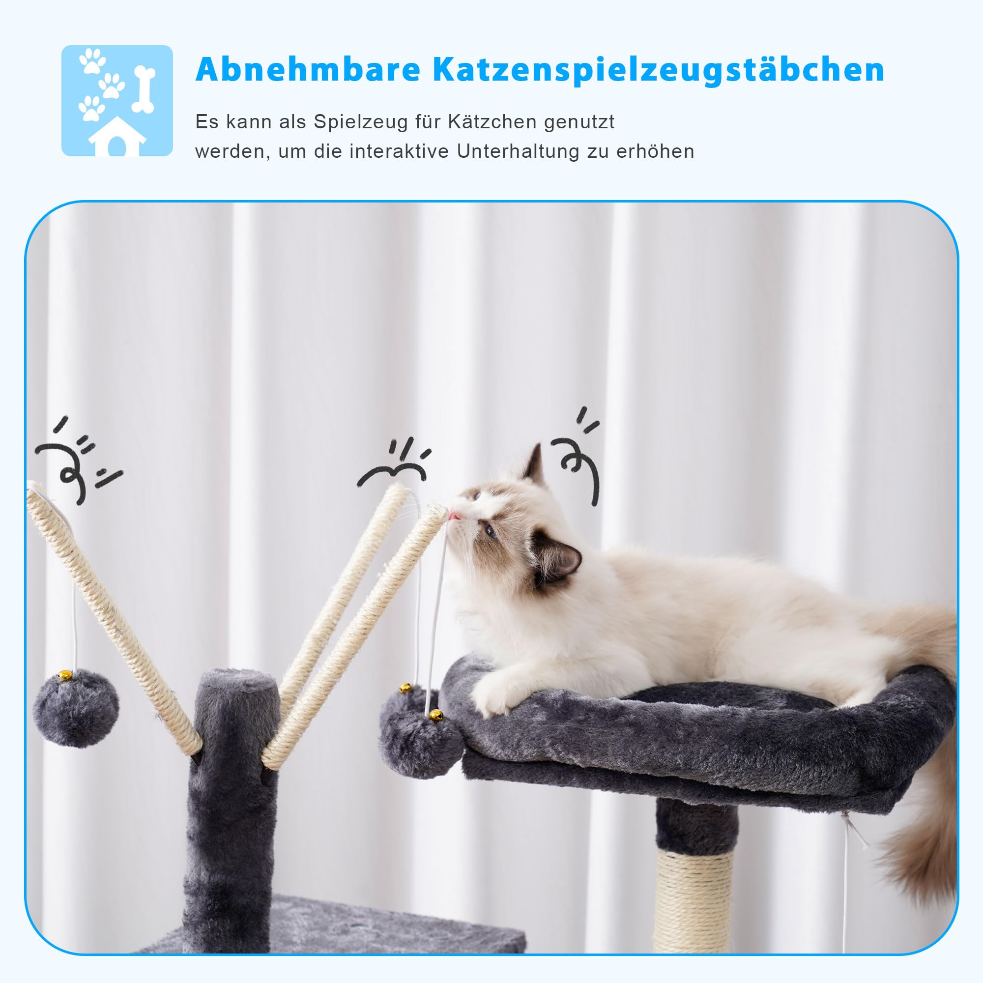Hey-Brother Kratzbaum, 135 cm Indoor Katzenbaum, Mit gepolsterter Plattform Bett, Spielzeug Ball, Höhlen, Hängematte und Sisal Kratzbaum Katzenhaus, Hellgrau MPJ019-SW