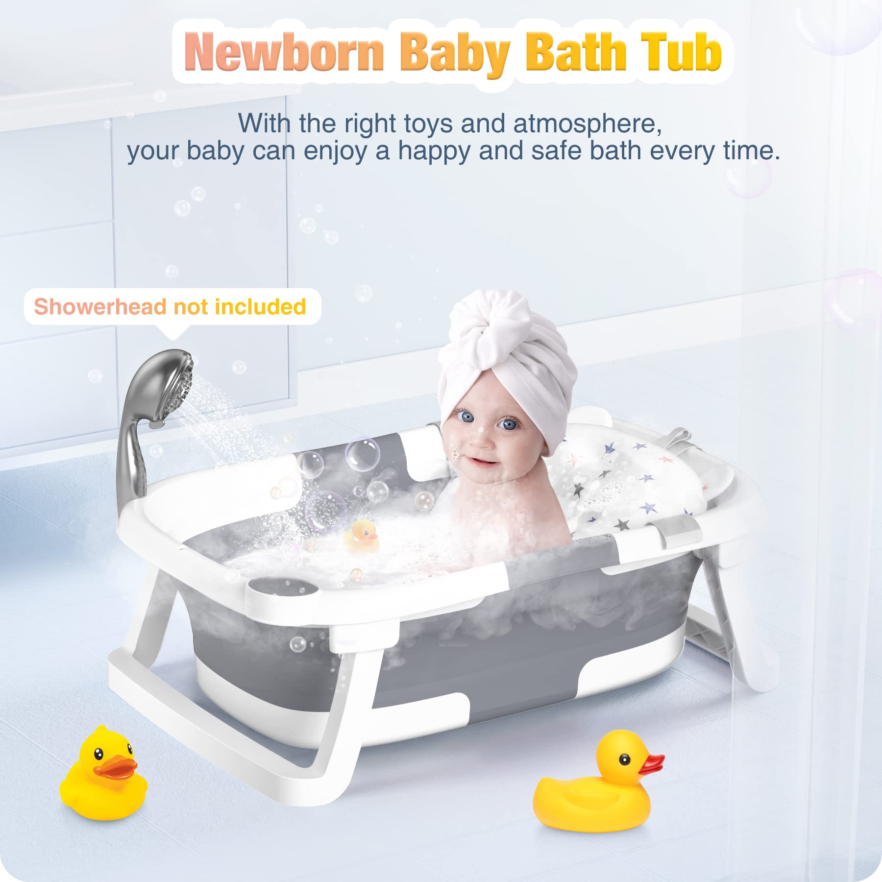 Baby Badewanne Faltbare, Baby Bathtub Babywanne Faltbar Babybadewanne Tragbare Wanne für Neugeborene Kleinkinder mit Rutschfester Matte und Abflussloch (Kein Thermometer) (Grau)