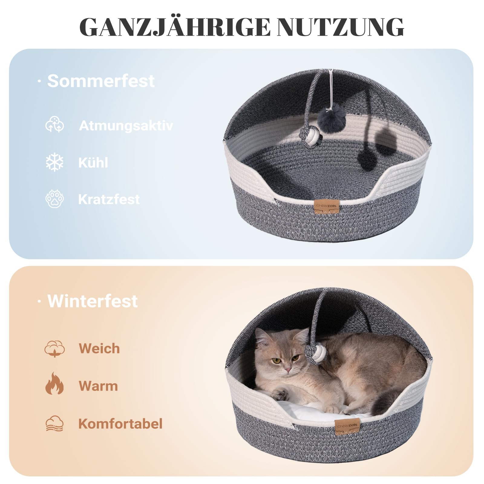 CheerPals Katzenbett mit Kissen, 47cm Waschbar Katzenkorb aus Baumwollseilen geflochten, zum Schlafen für Alle Katze, All Season Universal