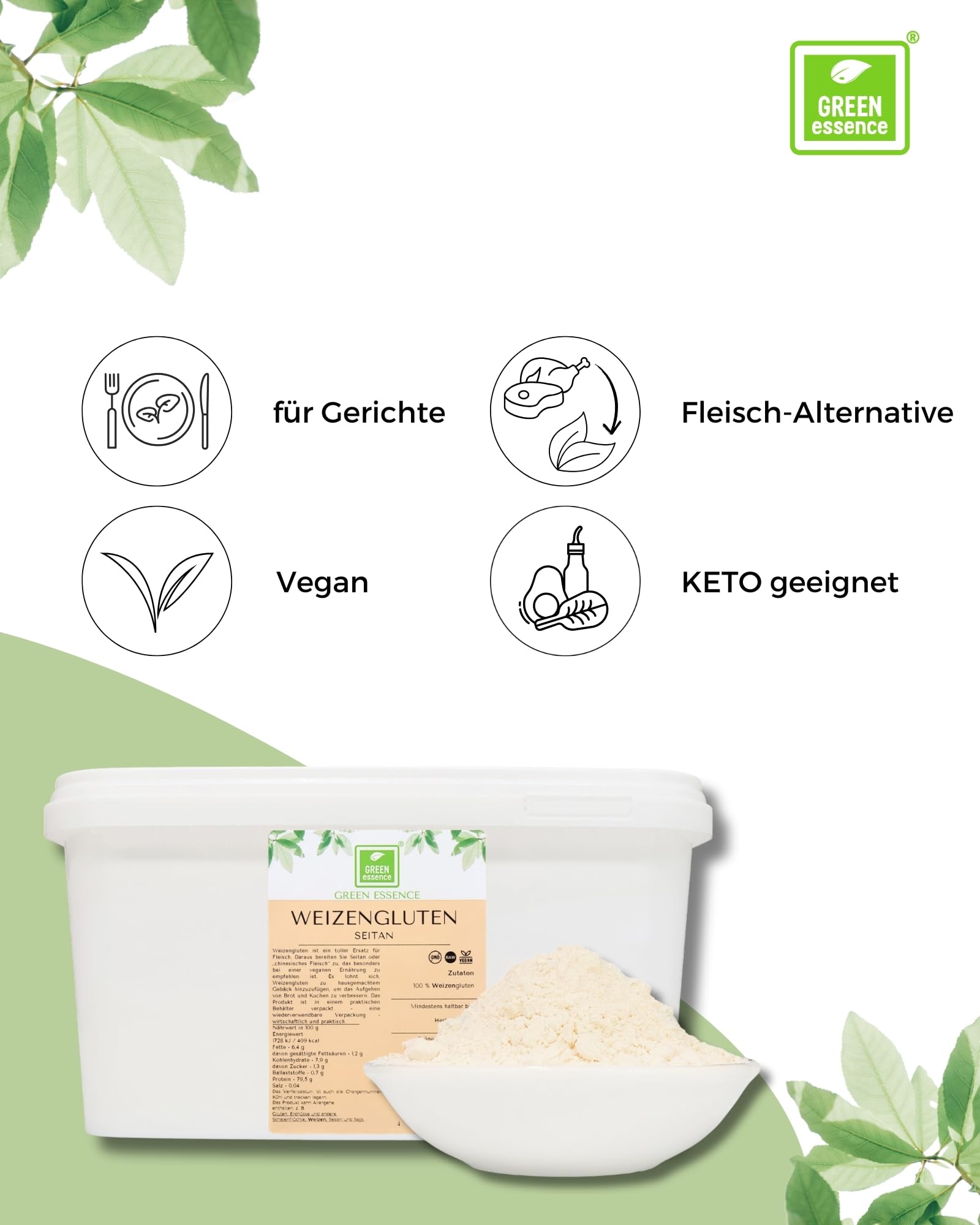 Weizengluten von der Grünen Essenz - veganer Fleischersatz - Seitan Basis Pulver - Weizenkleber low carb - natürliches Verdickungsmittel - rein pflanzlich - Weizeneiweiß
