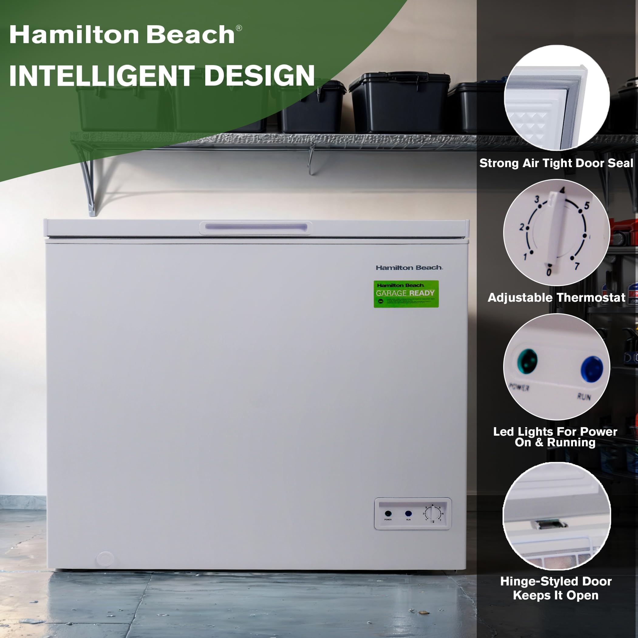 Hamilton Beach HBFRF2129 21 cu ft Double Door LID Garage-Ready Chest Freezer-White, Vinyl-Coated Baskets, Space-Saving Flat Back, Stay-Open, Front-Access Drain, for Storage, Hunting, Large Family