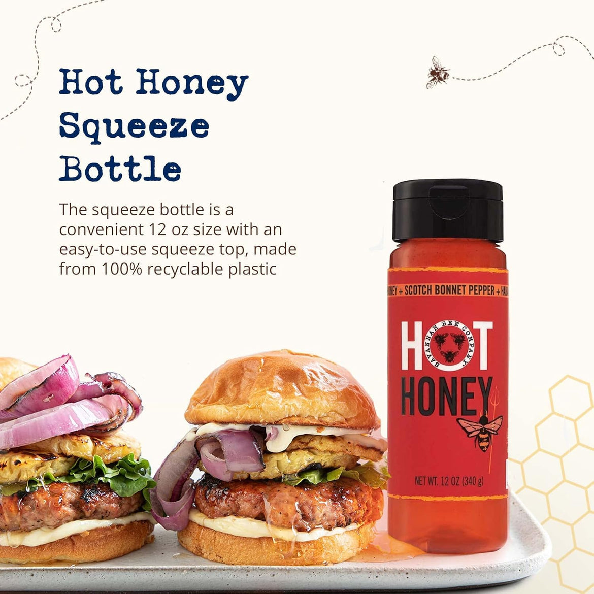 Savannah Bee Company Hot Honey Gluten Free and 100% Pure Honey Infused with Sweet Wildflower- Heat from Wildflower and Habanero Peppers 12 oz Squeeze Bottle