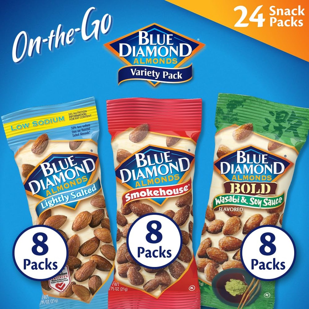 Blue Diamond Almonds Snack Nut Variety Pack for Kids, Office, School, On-the-go, 0.75 oz Gluten Free Individual Packs, Wasabi & Soy Sauce, Lightly Salted, and Smokehouse (Pack of 1, 24 Count Total)