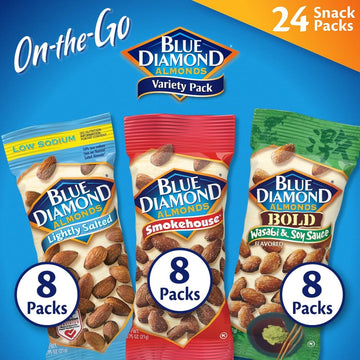 Blue Diamond Almonds Snack Nut Variety Pack for Kids, Office, School, On-the-go, 0.75 oz Gluten Free Individual Packs, Wasabi & Soy Sauce, Lightly Salted, and Smokehouse (Pack of 1, 24 Count Total)
