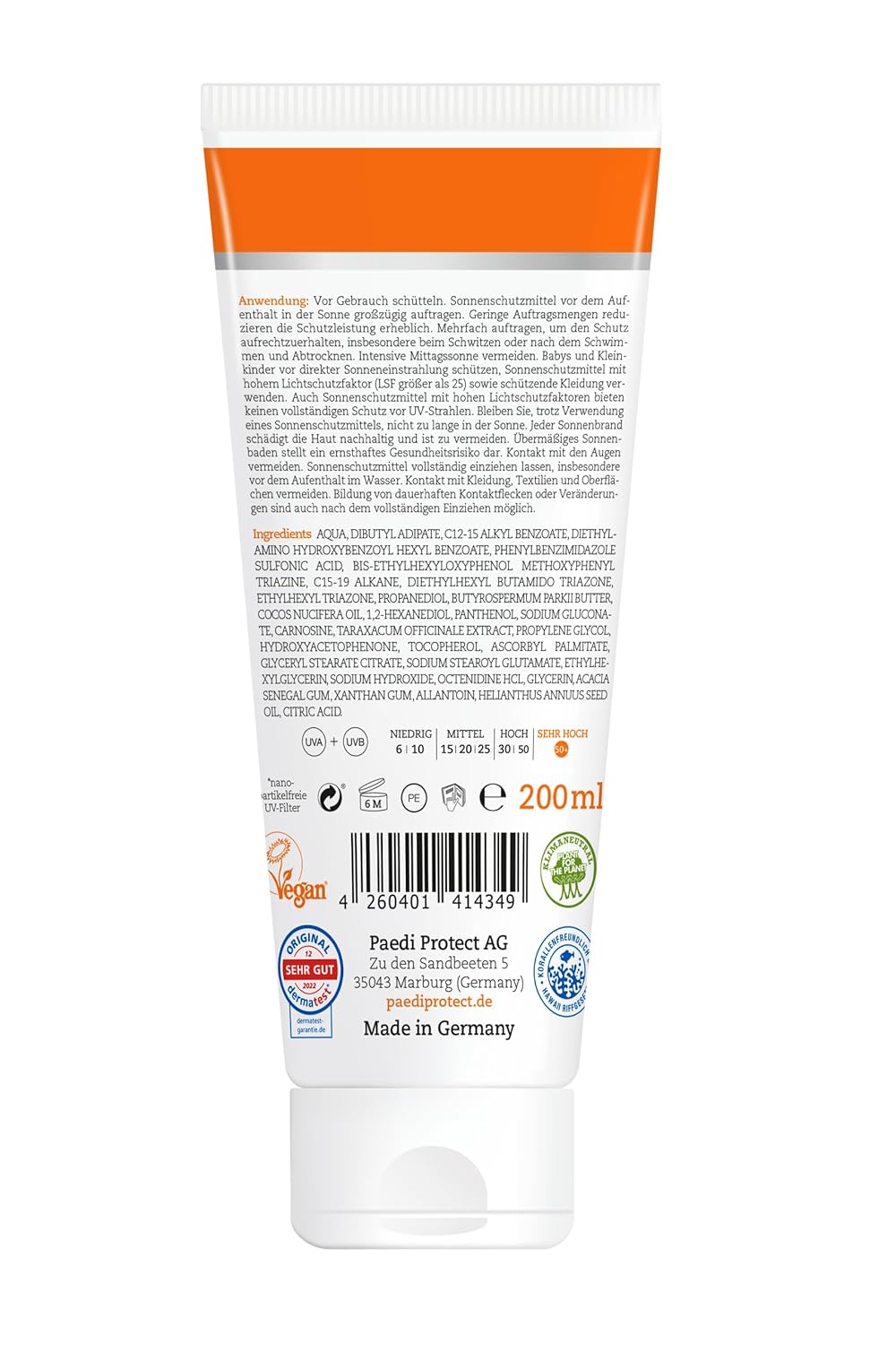 PAEDIPROTECT Familien Sonnencreme LSF 50+ 200 ml, korallenfreundlicher Sonnenschutz für Baby, Kinder und Erwachsene, ohne Parfüm und Mikroplastik, vegan