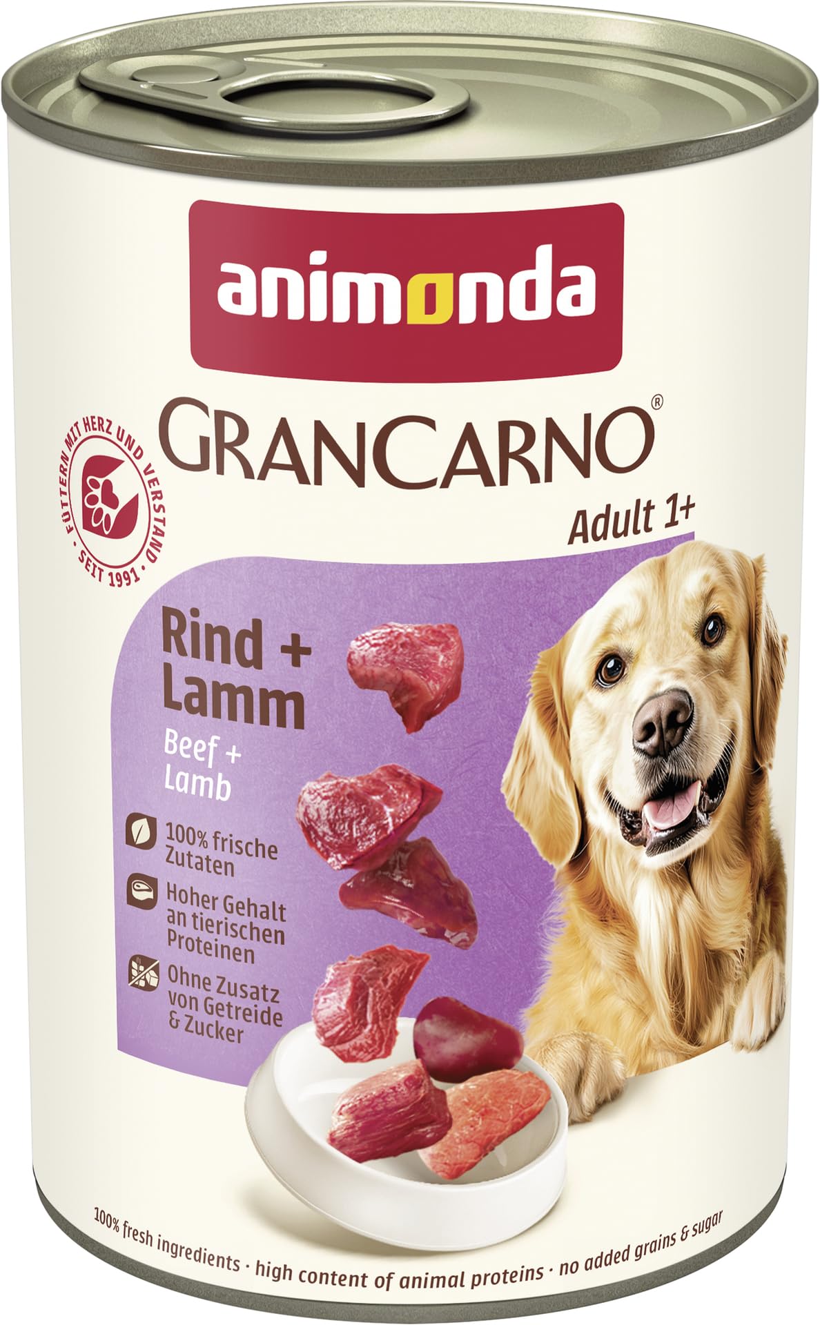 animonda GranCarno Hunde Nassfutter mit Rind + Entenherzen (6 x 800 g), getreidefreies Hundenassfutter ohne Zucker, für ausgewachsene Hunde, mit frischen fleischigen Zutaten