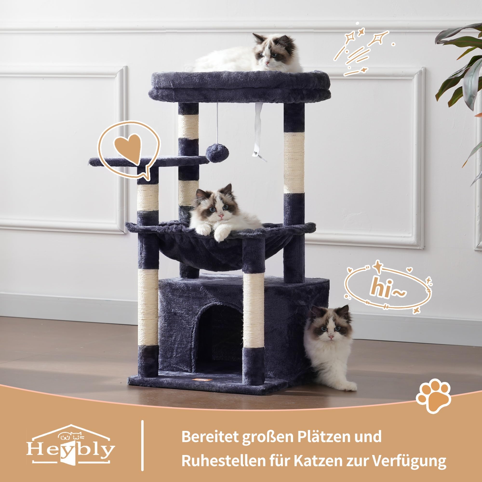Heybly Kratzbaum, Katzenbaum mit Extra Großem, Weichem Katzenkorb, Katzenkratzbaum mit Geräumigem Katzenbett und Verstecktem Schlafplatz, Robusten Sisal-Kratzsäulen, Hellgrau HCT008SW