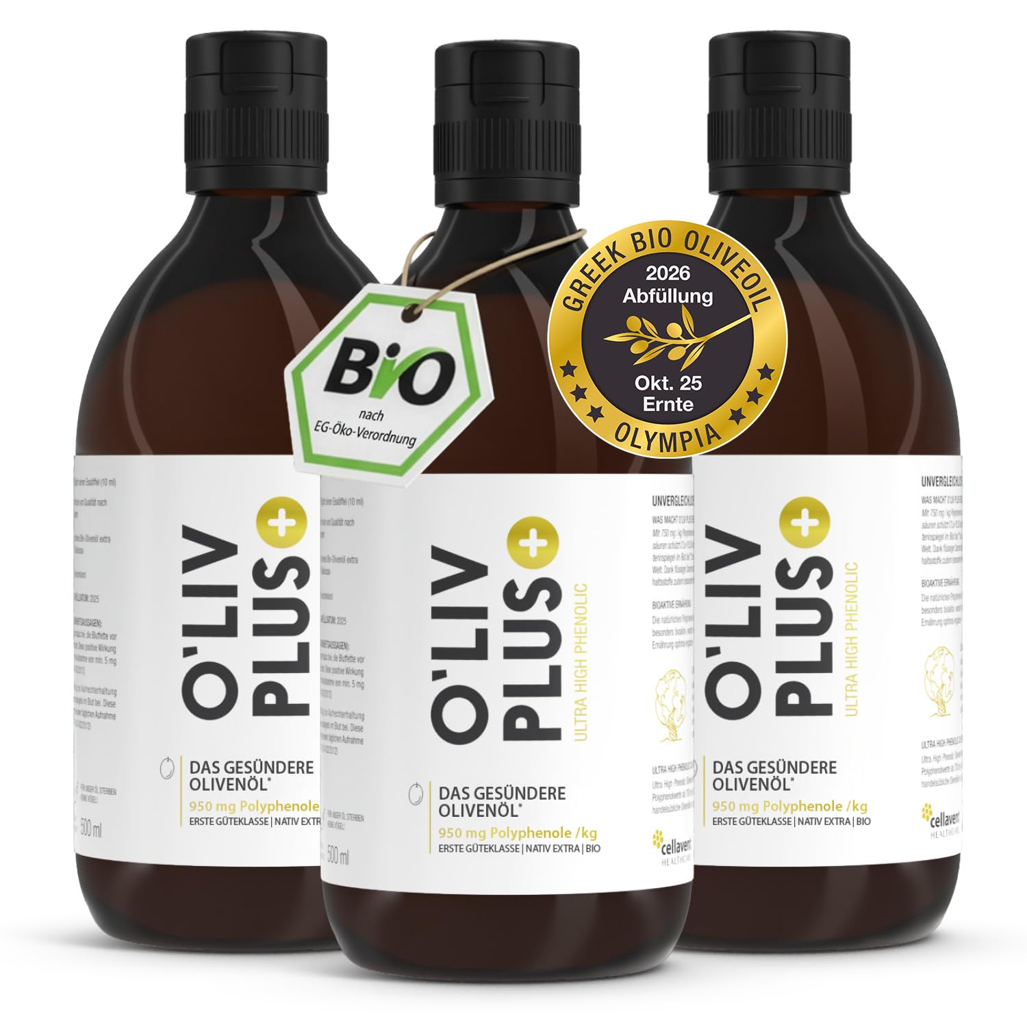 Das Olivenöl mit Gesundheitswert – extra hoher Polyphenol-Gehalt 950 mg/kg – Bio-Qualität – nur 1 Esslöffel/Tag – Oliv PLUS – 500 ml – 50 Portionen