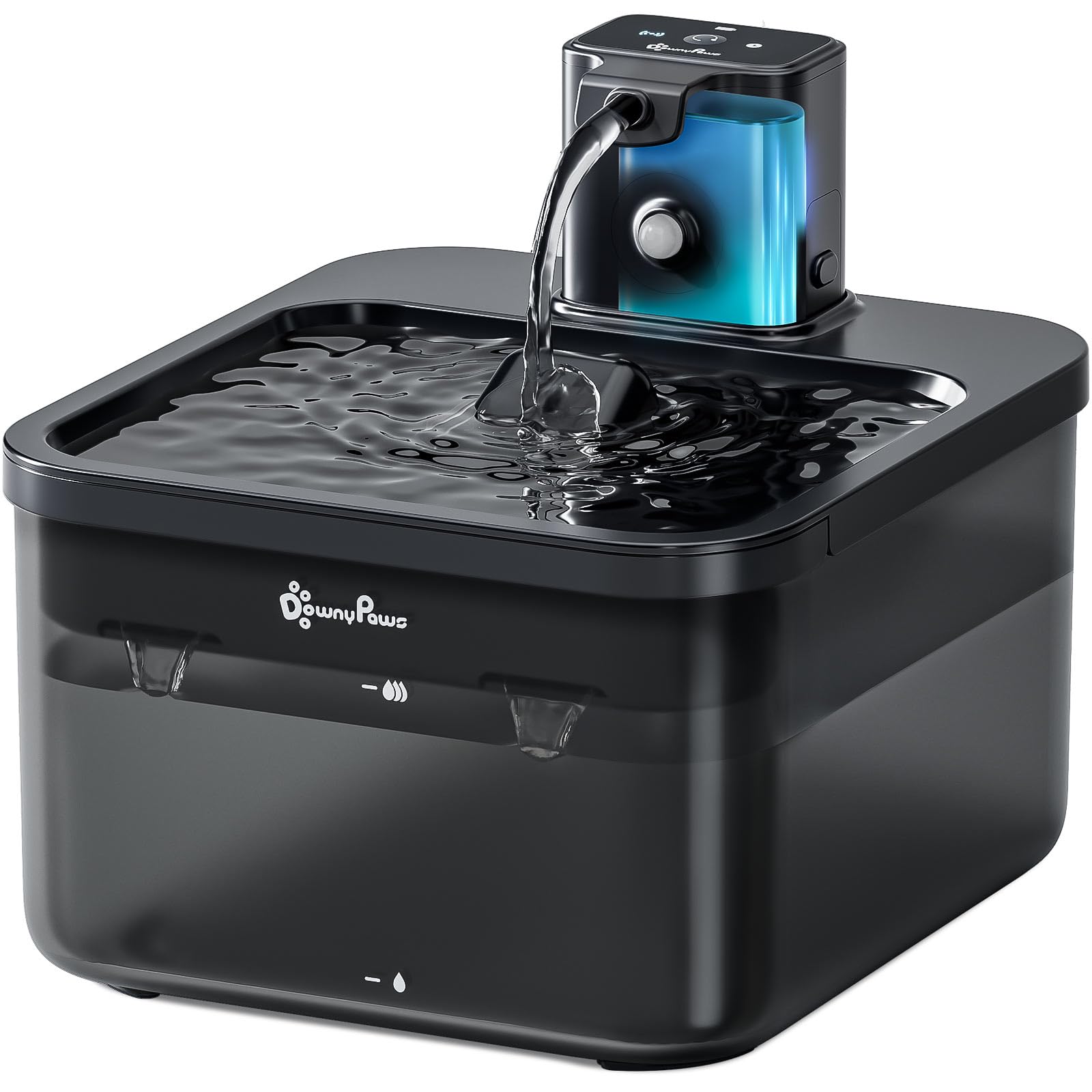 DownyPaws 2.5L Trinkbrunnen für Katze Kabellos, Katzenbrunnen Kabellos mit Bewegungsmelder, Batteriebetrieben Katzentrinkbrunnen, 4000mAh, Leise Wasserpumpe, Tablett aus Edelstahl für Katze, Schwarz