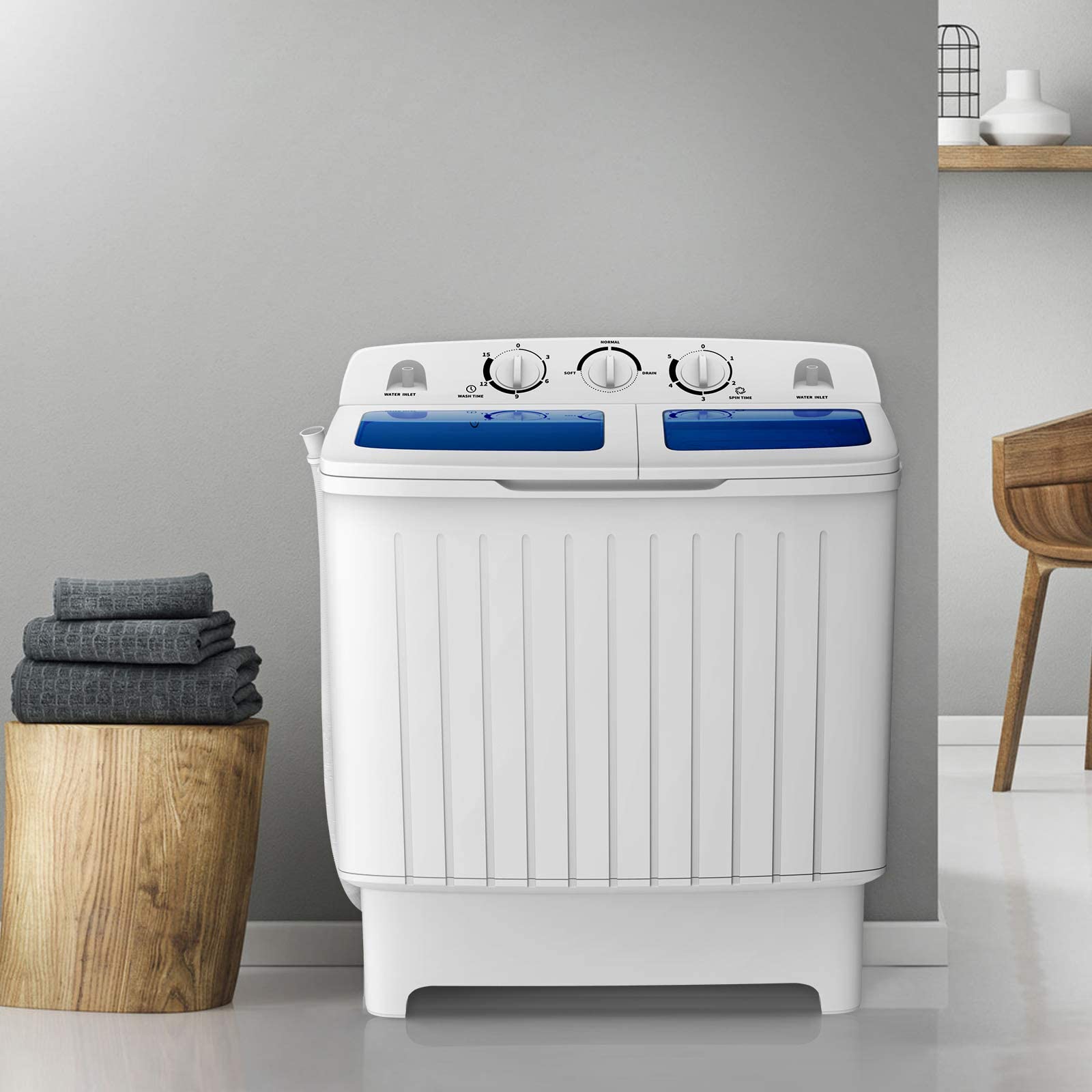 COSTWAY Portable Washing Machine, Twin Tub 20 Lbs Capacity, Compact Laundry Washer(12 Lbs) and Spinner(8 Lbs), Durable Design, Timer Control, Perfect for RV, Apartments and Dorms, Blue+White