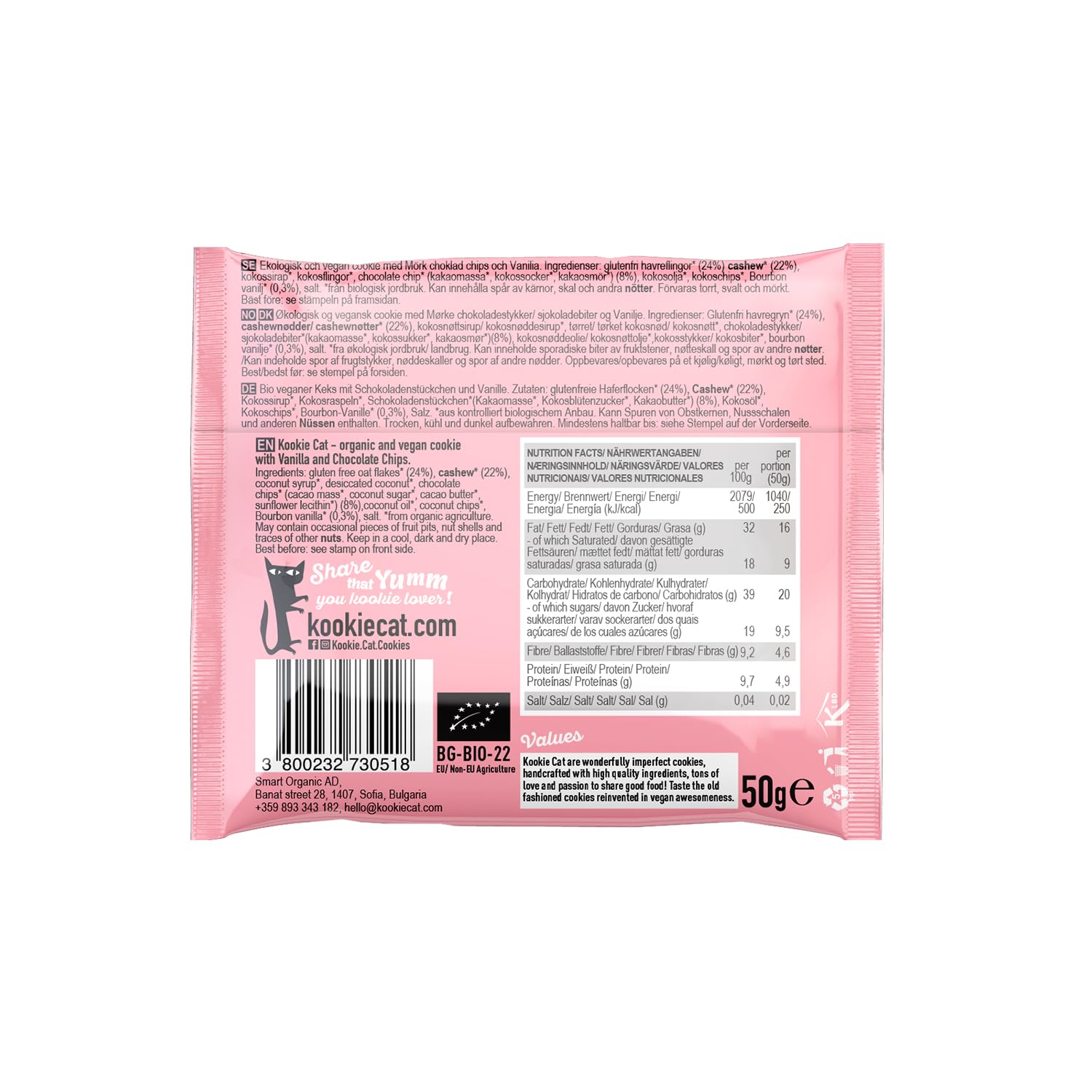 Kookie Cat Vanille Schokochip - Vegane Cookies Einzeln Verpackt, Glutenfrei, Sojafrei, Bio, Cashew & Hafer - 12 X 50g Multipack