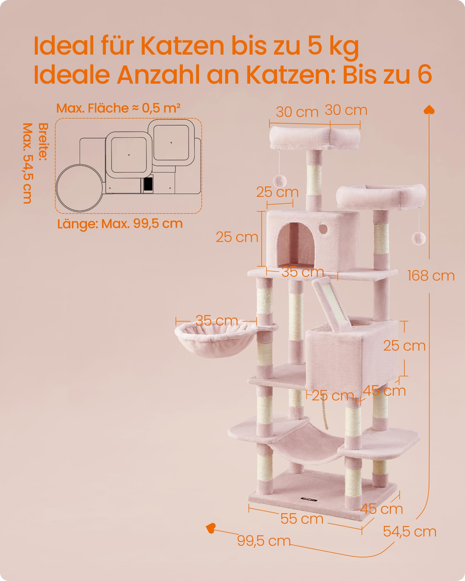 Feandrea Kratzbaum groß, 203,5 cm hoch, XXL Katzenbaum, mit 13 Kratzsäulen, 2 Plattformen, 2 Höhlen, Korb, Hängematte, Plüschbälle, mehrstöckiger Katzenkratzbaum, rauchgrau PCT190G01