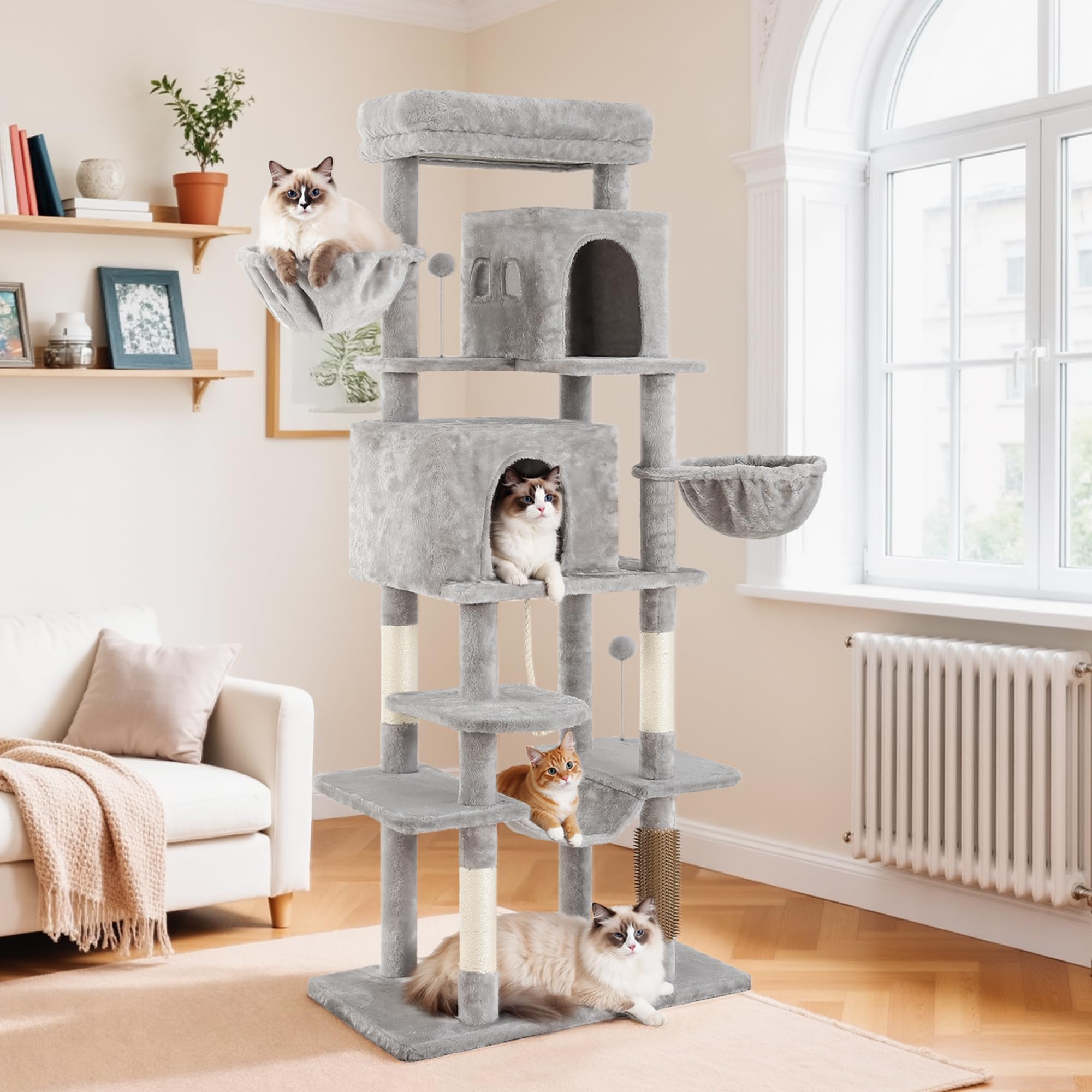 YITAHOME Kratzbaum, Katzenkratzbaum, für Große Katze, Katzenbaum, Katzenbürsten, 11 cm Dicke Stämme, Große Plattformen, Plüschkissen, Höhle, 50 x 50 x 157 cm, Beige