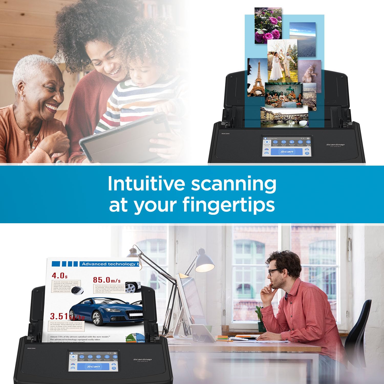 ScanSnap iX2500 Wireless or USB High-Speed Cloud Enabled Document, Photo & Receipt Scanner with Large 5" Touchscreen and 100 Page Auto Document Feeder for Mac or PC, Black