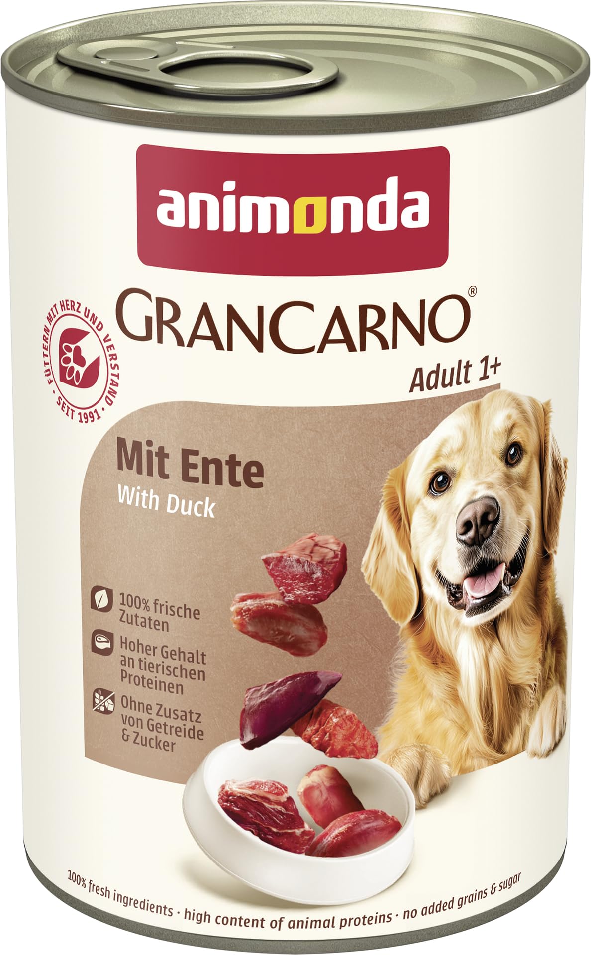 animonda GranCarno Hunde Nassfutter mit Rind + Entenherzen (6 x 800 g), getreidefreies Hundenassfutter ohne Zucker, für ausgewachsene Hunde, mit frischen fleischigen Zutaten