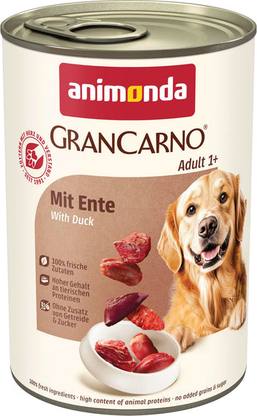 animonda GranCarno Hunde Nassfutter mit Rind + Entenherzen (6 x 800 g), getreidefreies Hundenassfutter ohne Zucker, für ausgewachsene Hunde, mit frischen fleischigen Zutaten