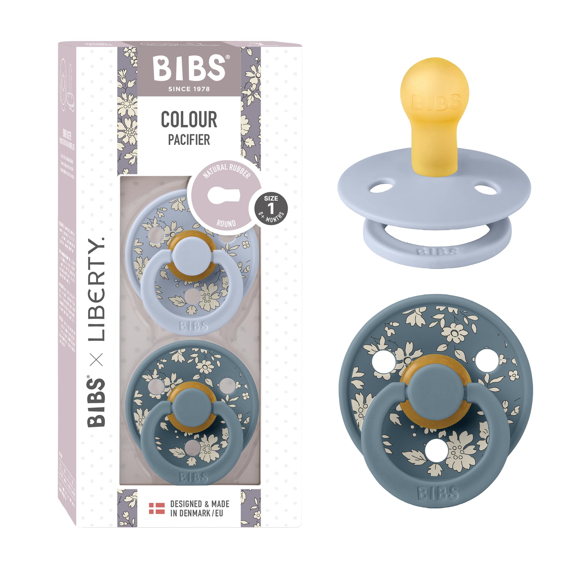 BIBS Colour Liberty Schnuller 2er-Pack, BPA-frei, Kirschform Nippel. Naturkautschuk/Latex, Hergestellt in Dänemark, Größe 2 (6-18 Monate), Chamomile Lawn Violet Sky