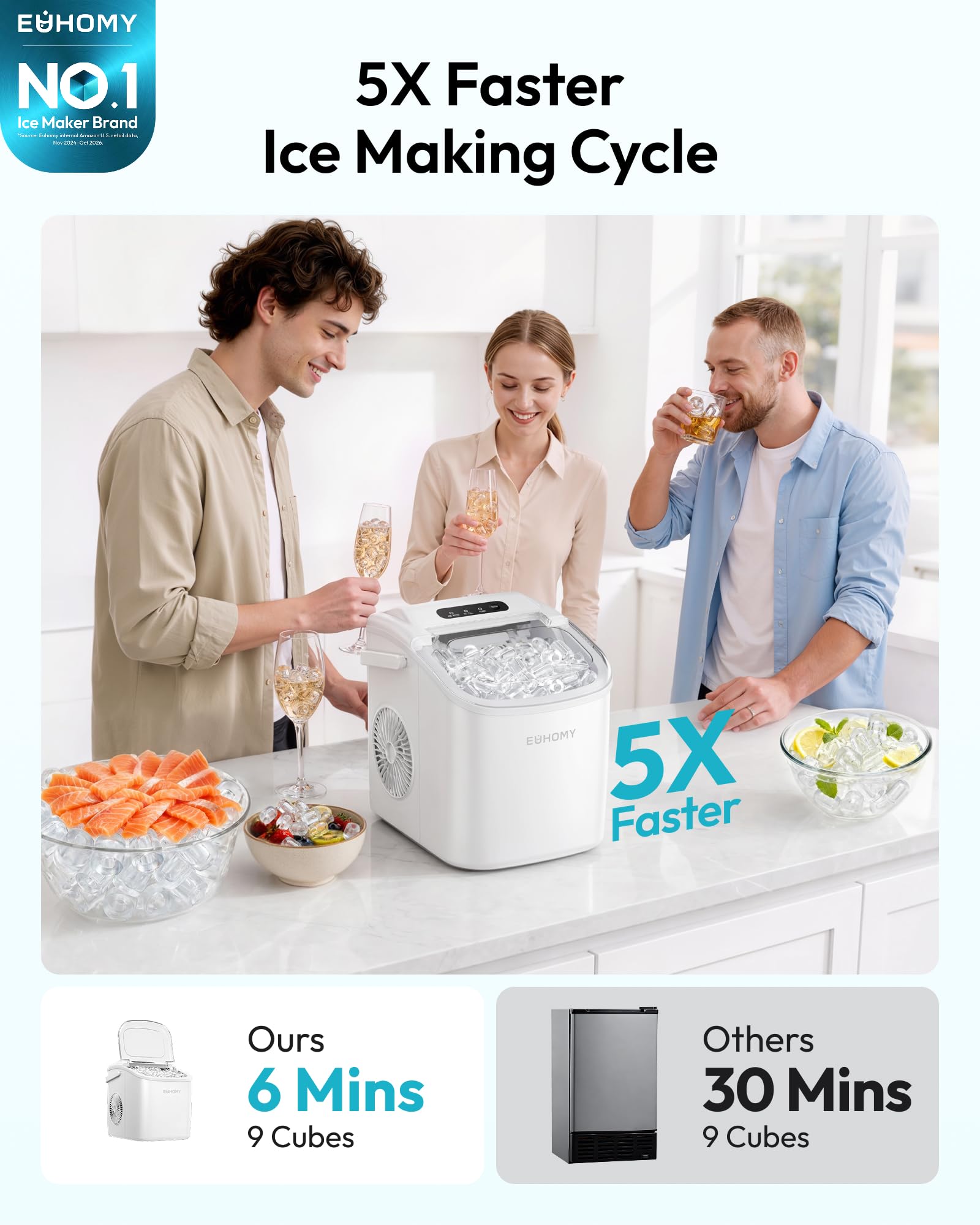 EUHOMY Countertop Ice Maker Machine with Handle, 26lbs in 24Hrs, 9 Ice Cubes Ready in 6 Mins, Auto-Cleaning Portable Ice Maker with Basket and Scoop, for Home/Kitchen/Camping/RV. (Black)