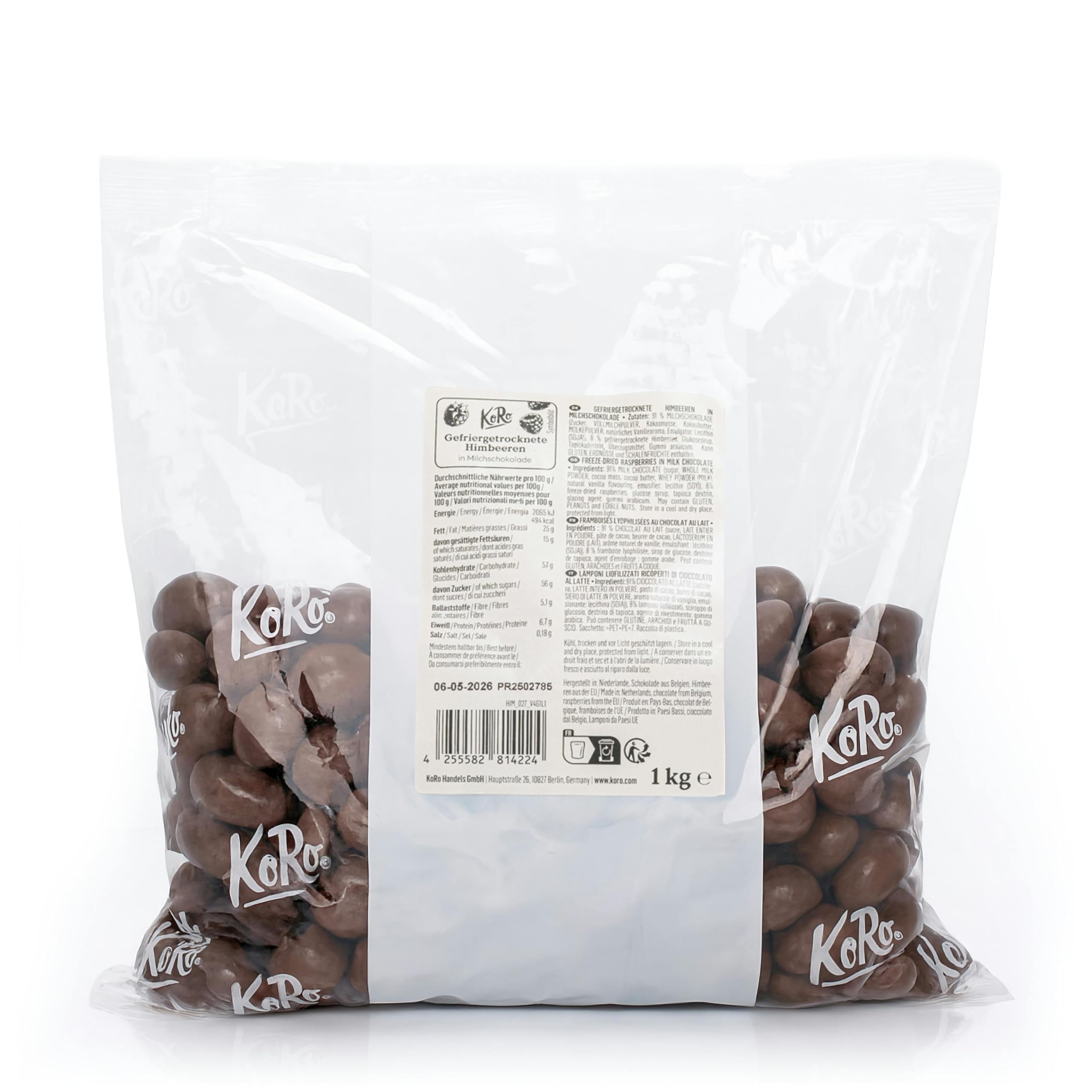 KoRo - Gefriergetrocknete Erdbeeren in Milchschokolade 1 kg - Knackig Fruchtig - Snack im Vorteilspack