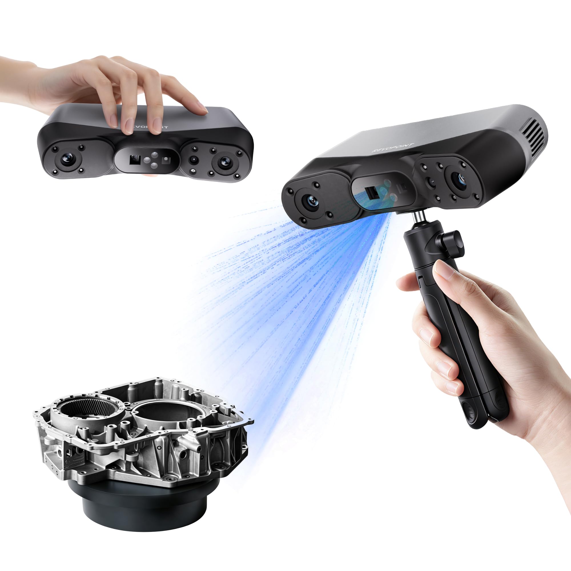 Revopoint POP 4 Handheld 3D Scanner, 0.03mm Accuracy Blue Laser, Up to 105 fps, AI Segmentation & 3DGS Modeling, 5 Scanning Modes, Anti-Shake Tracking, Outdoor Scanning, for 3D Printing, Premium