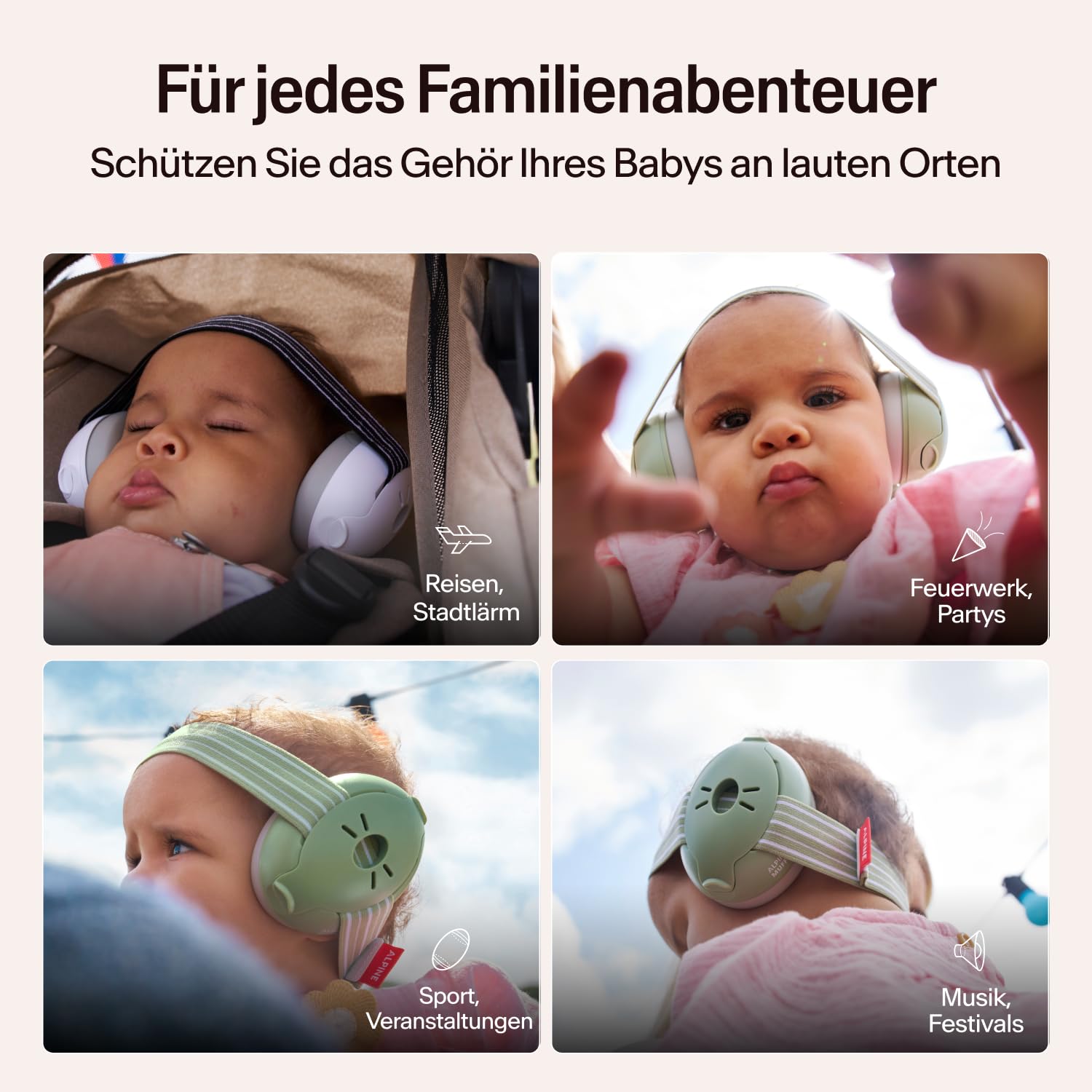 Alpine Muffy Baby Classic - Gehörschutz für Babys - Verstellbares ANTI-SLIP-Kopfband bis 48 Monate - In Deutschland auf Sicherheit getestet - Lärmschutz Kopfhörer verhindert Gehörschäden, Schwarz
