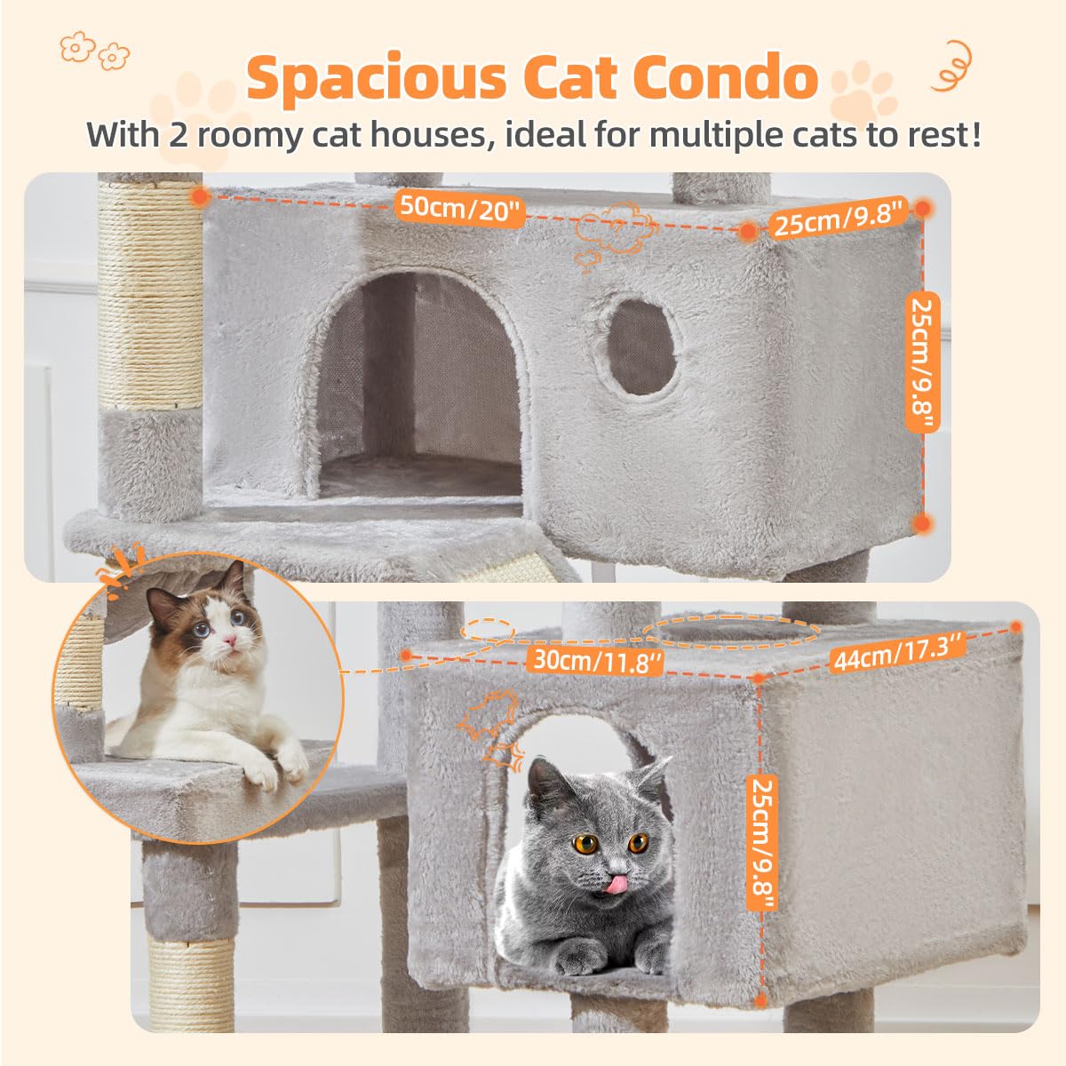 Taoqimiao 180CM Kratzbaum Groß, Katzenbaum Katzen Kratzbaum Grosse Katzen Stabil mit 2 Katzenhaus, Metallhängematte, Korb, 8 Kratzsäulen, Katzenkratztafel, MS026LM Beige