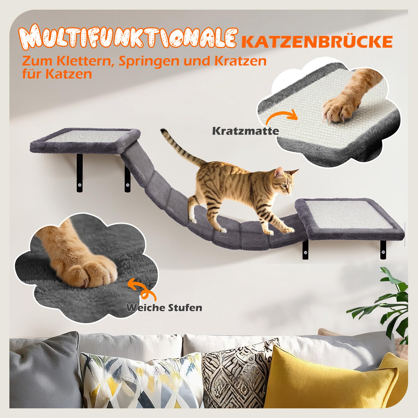 Kletterwand Katzen 10-teilig, Wandmontage Katzenmöbel Set mit Katzenbrücke, Katzenhaus, Kratzbaum & Hängematte, Stabiler Katzentreppe bis 10 kg, Beige