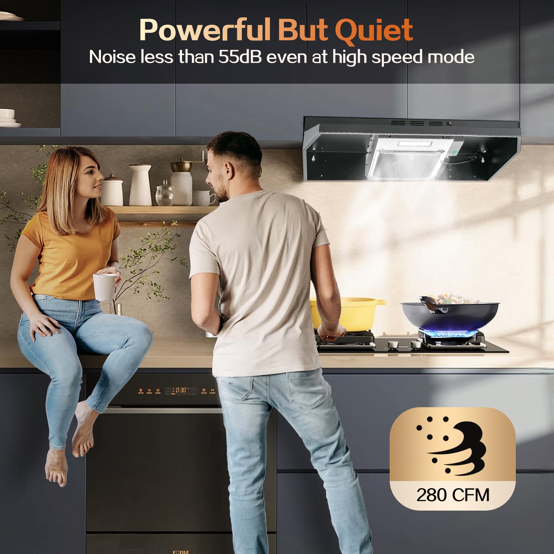 Range Hood 30 inch Under Cabinet, Stainless Steel Kitchen Vent Hood 280CFM, Built-in Kitchen Stove Hood w/Rocker Button Control, Ducted/Ductless Convertible Duct, 2 Speeds Fan, Bright LED Light