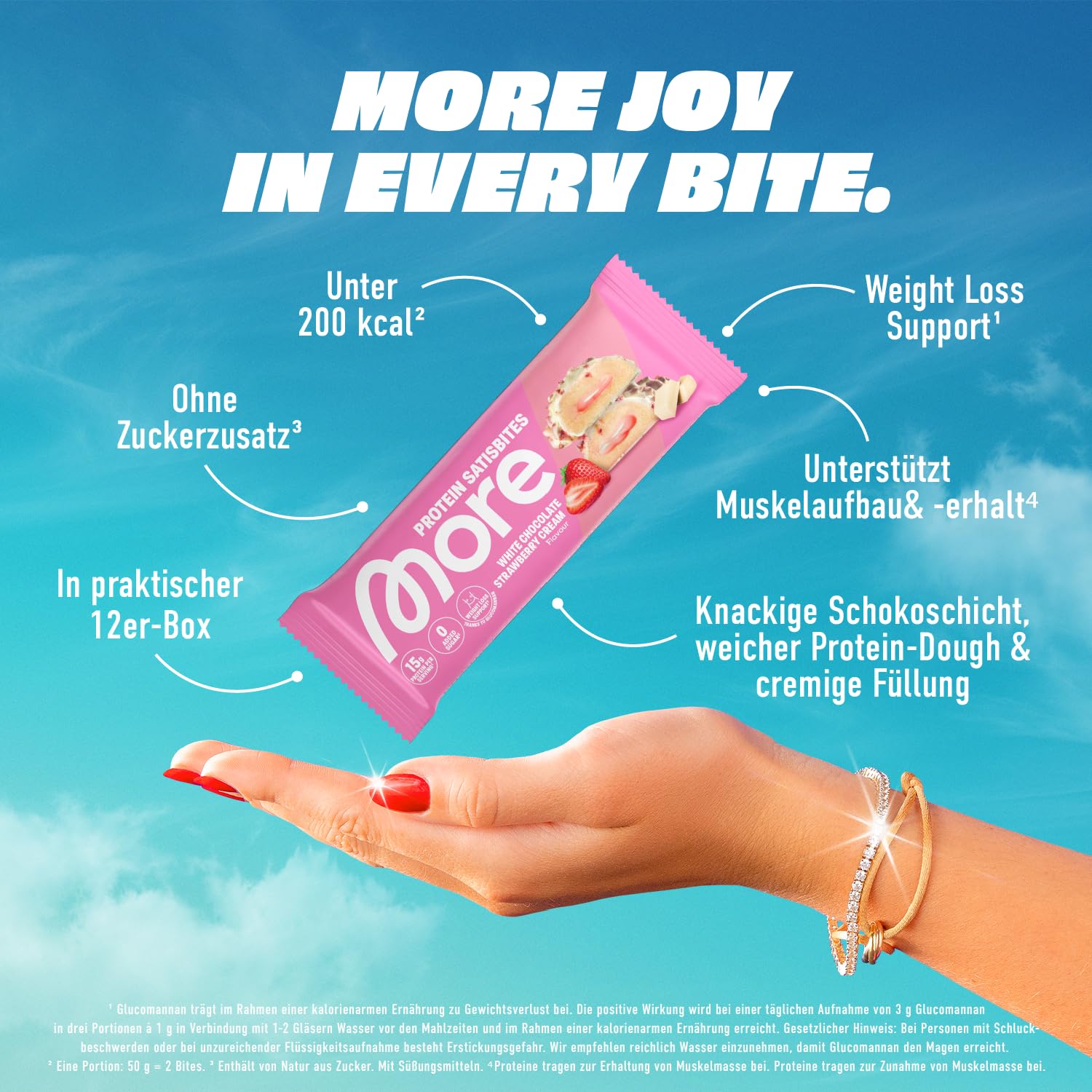 MORE Protein Satisbites, 12er Box Proteinriegel, 12 x 2 x 25 g, White Chocolate Strawberry Cream, bis zu 16 g Protein pro Portion, ohne Zuckerzusatz, made in Germany